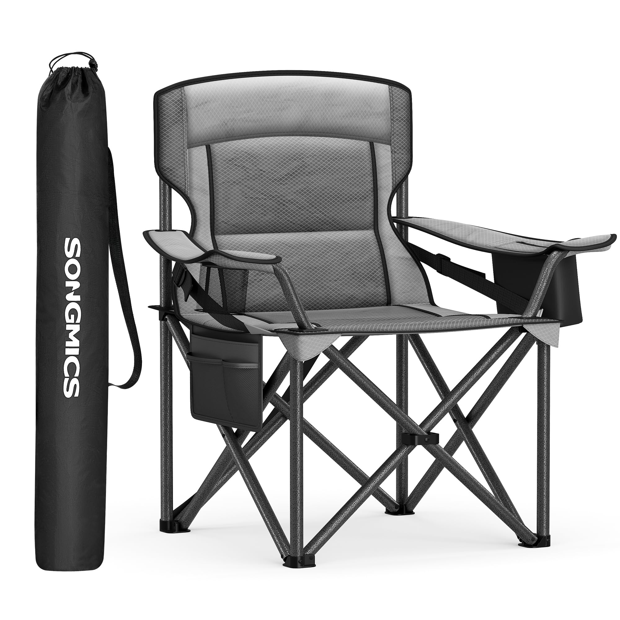 SONGMICS Oversized Lumbar Support Camping Chair, Heavy-Duty Outdoor Folding Chair Comfortable, Padded, Glamping, Cooler Bag, Wei
