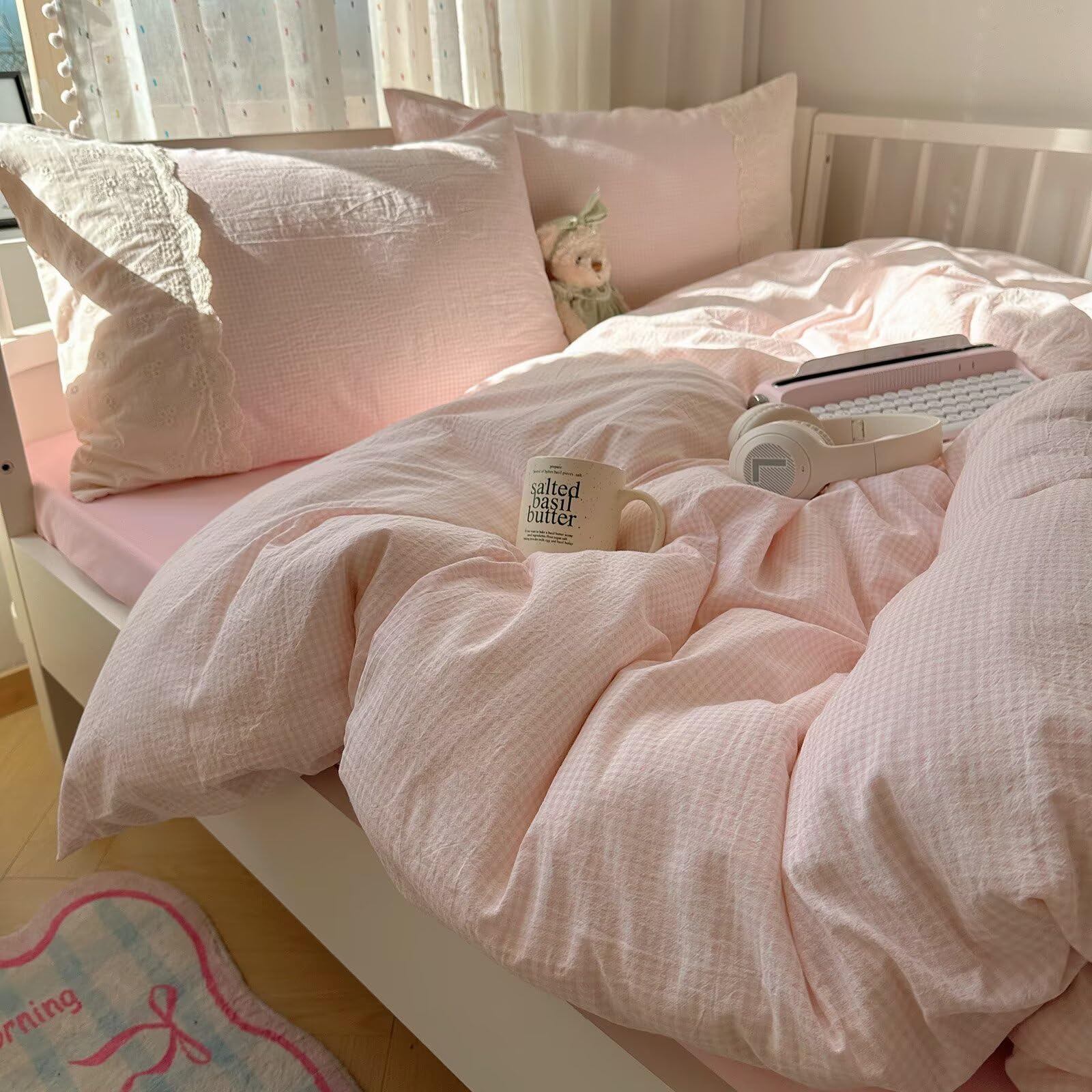 mixinni Pink Gingham Duvet Cover Queen Size - 3 Piece Cottagecore Plaid Bedding Set with Lace Trim, Soft Washed Microfiber Vinta