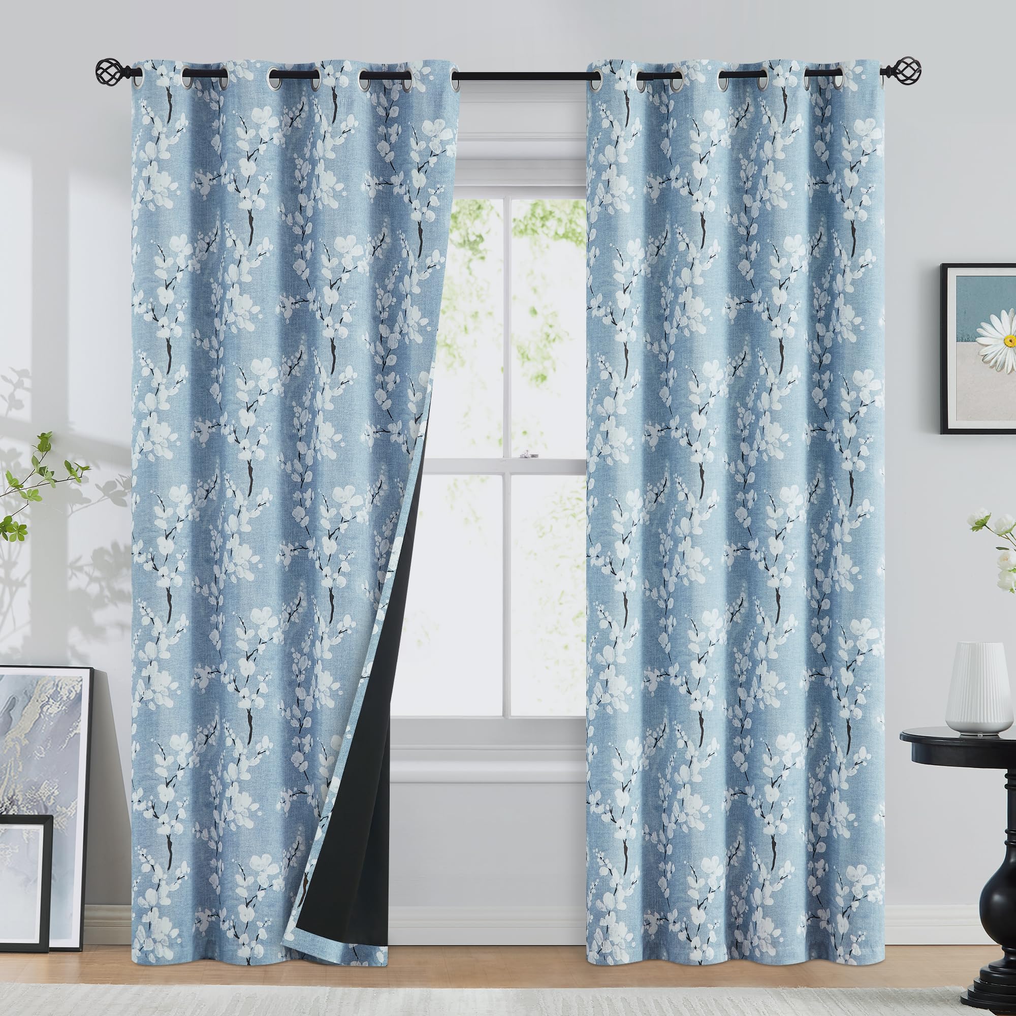FMFUNCTEX 100% Blackout Floral Curtains for Bedroom, Blue Curtains 90 inches Long Blossom Flower Patterned for Living Room,Therm