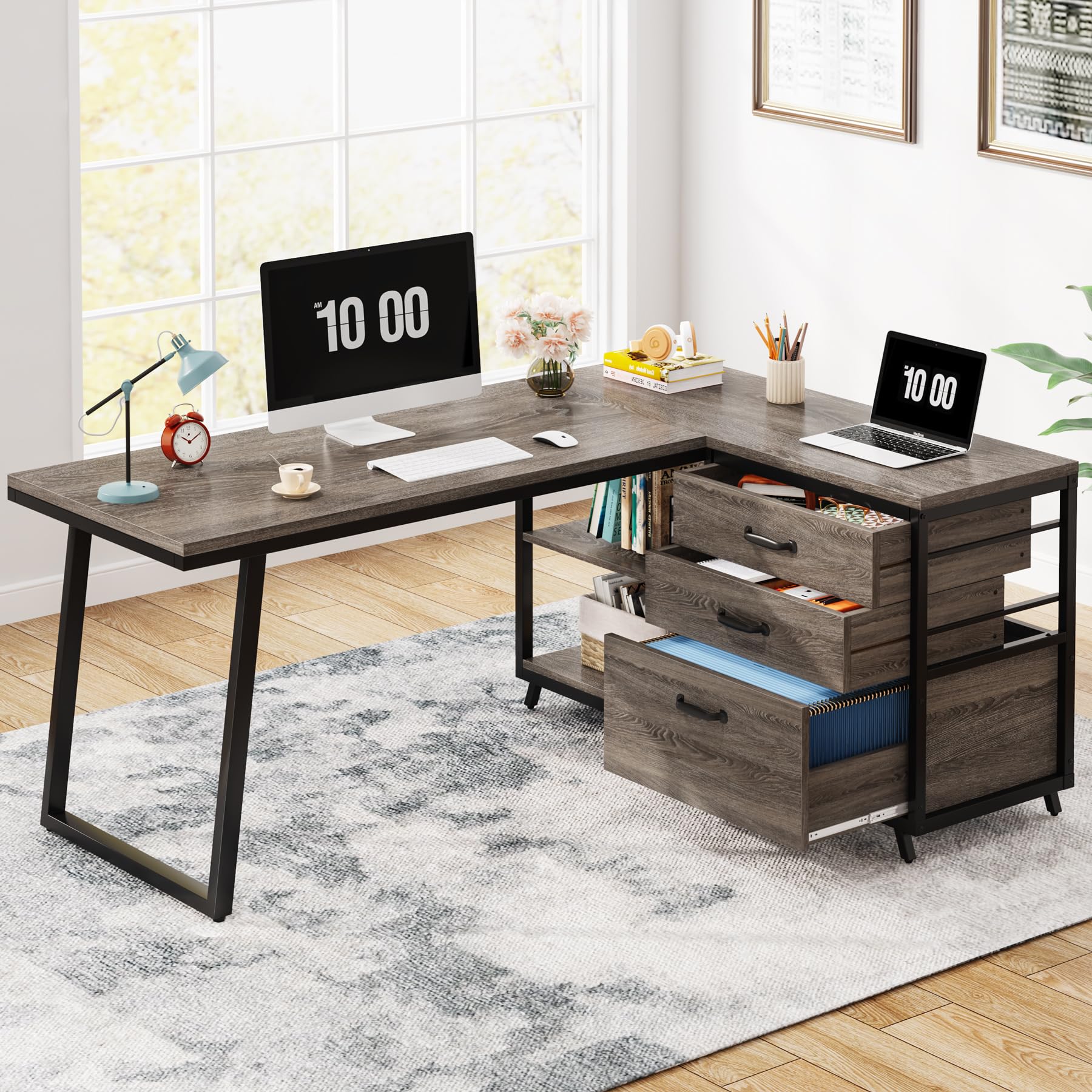 Tribesigns L-Shaped Desk with 3 Drawers, Reversible Corner Home Office Computer Desk with Shelves, 53-Inch Industrial PC Desk St