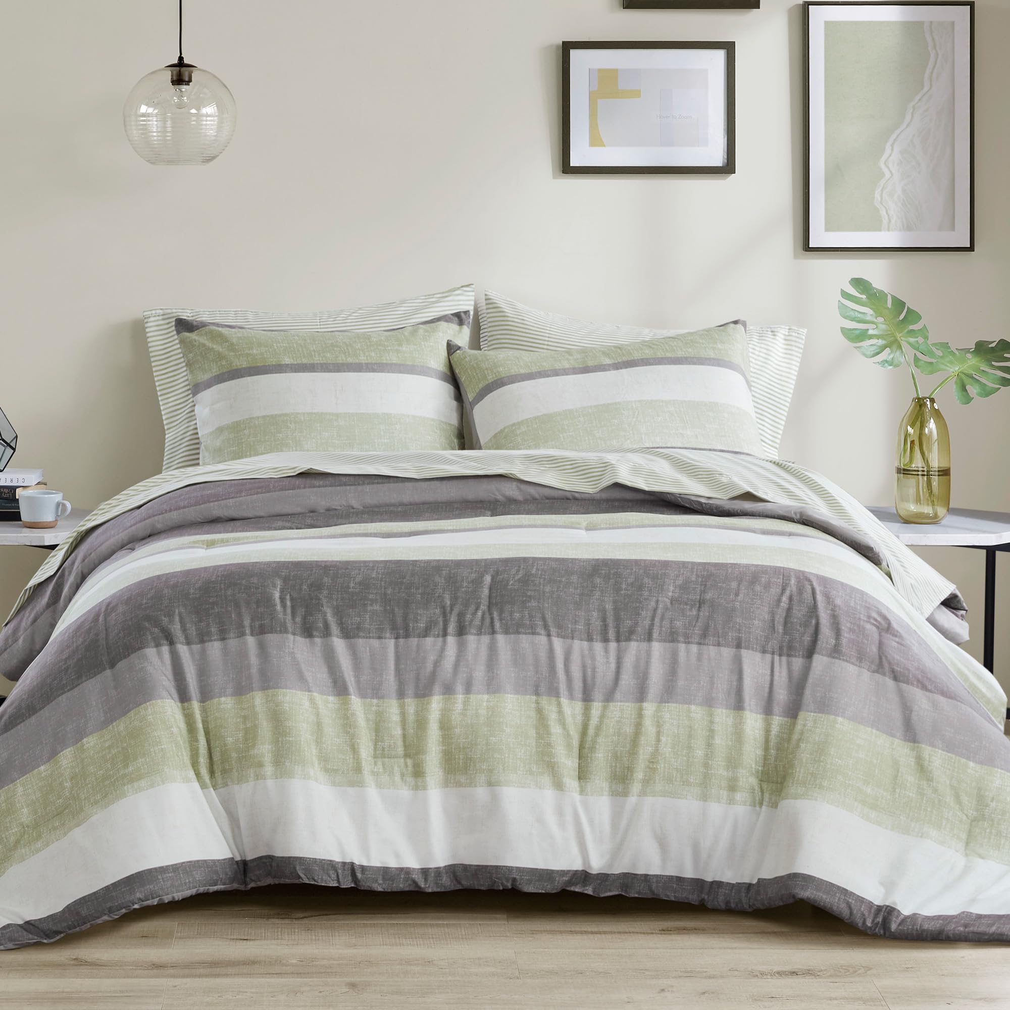 Madison Park Jaxon Twin Comforter Set, Bed in A Bag Comforter & Sheet Set, Modern Casual Stripes Print, All Seasons, Soft Beddin
