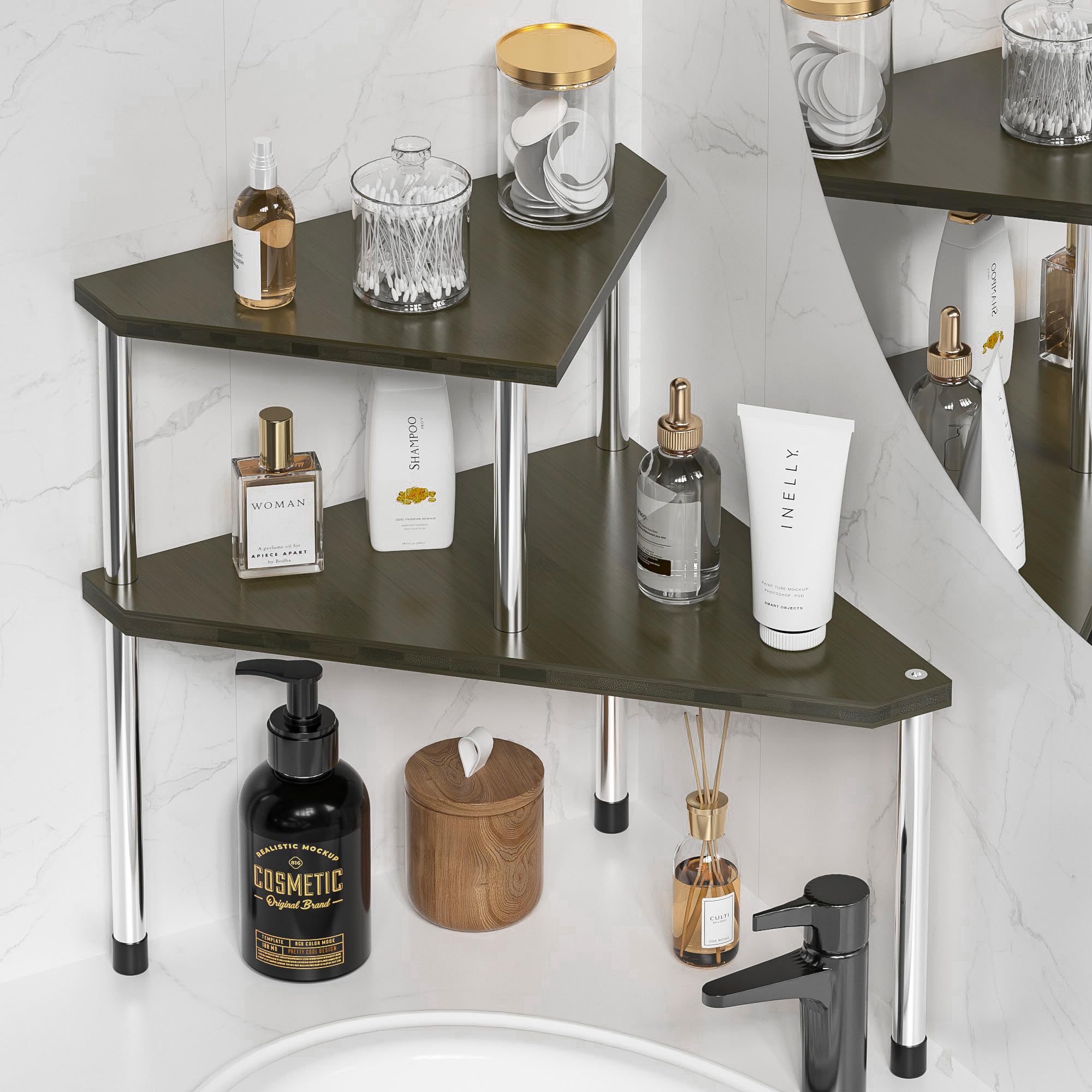 Weenson Bathroom Counter Organizer Corner Shelf - 2 Tier Bathroom Organization Bamboo Bathroom Sink Shelf Kitchen Countertop Org