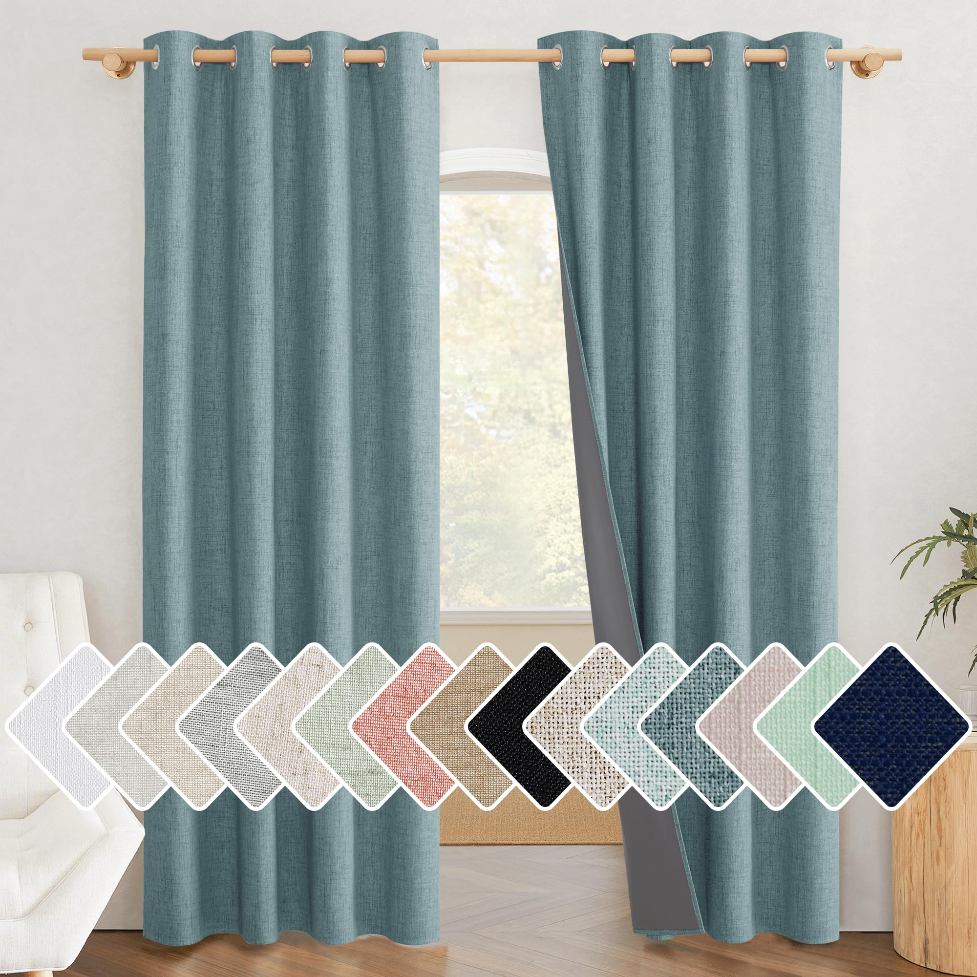 NICETOWN 100% Absolutely Blackout Linen Curtains with Thermal Insulated White Liner, Skylark Blue, 52 inches Wide, 84 inches Len