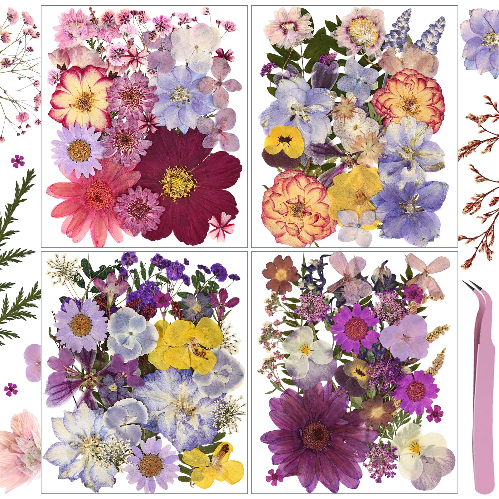 Eshow 113Pcs Dried Pressed Flowers for Crafts, Natural Dry Flowers for Resin with Tweezer for Scrapbooking DIY Art Crafts, Epoxy