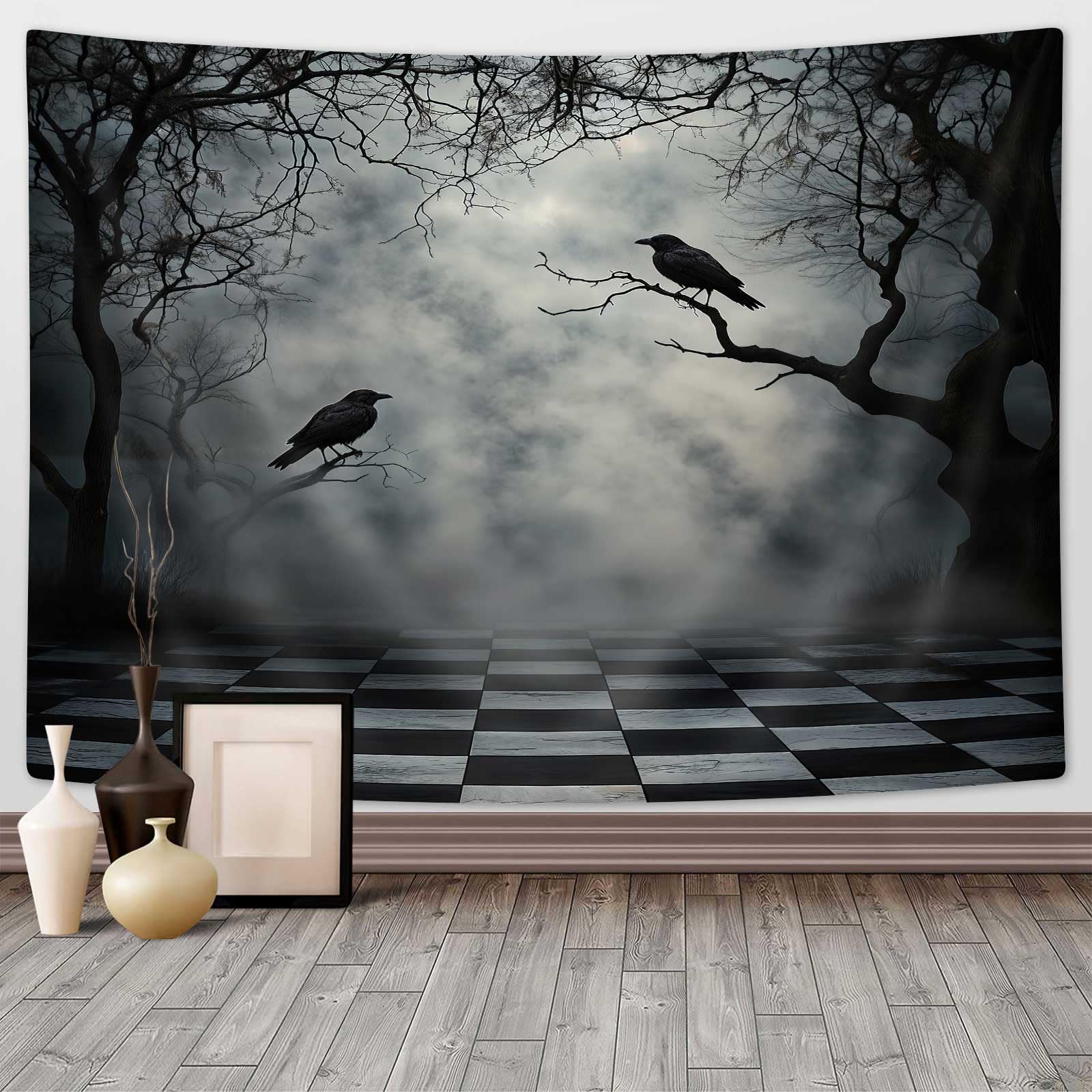 Halloween Tapestry,Summerween Gothic Fog Forest Tapestry Blanket,Black Crow on Withered Branches Wall Hanging,Creepy Jungle Deep