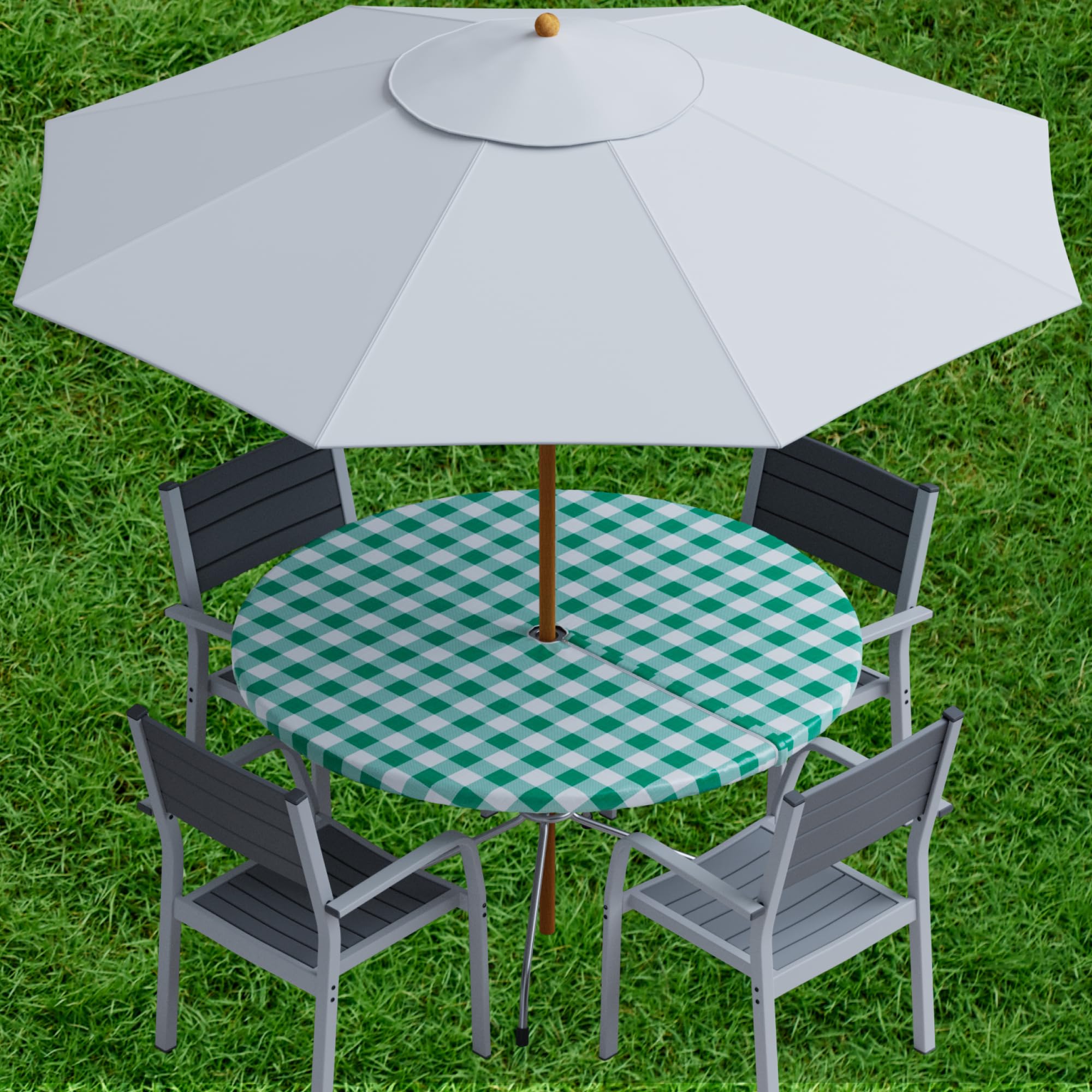 Sorfey Vinyl Umbrella Round Fitted Tablecloth Cover, Checkered Design, Flannel Backed Lining 60 Inch, Green