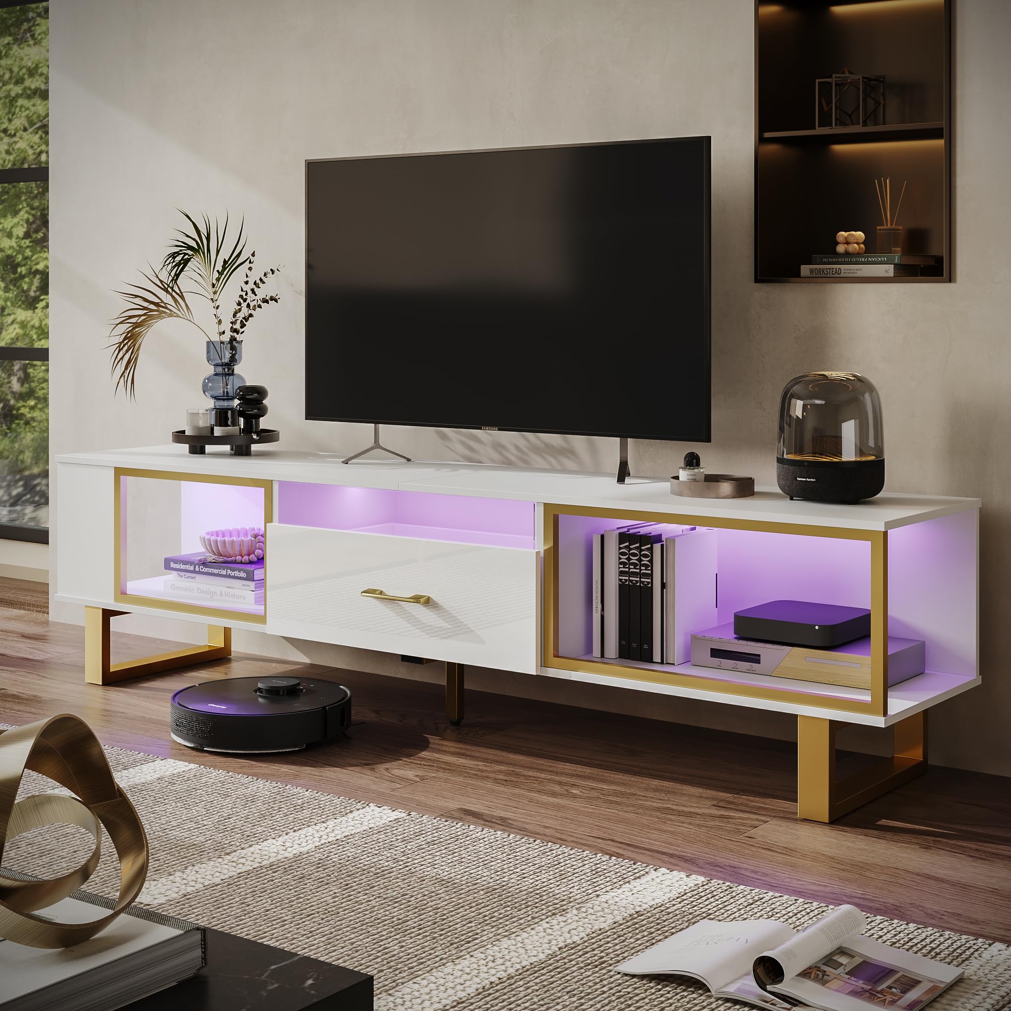 Bestier TV Stand with LED Light for TVs up to 80 inch, Modern Entertainment Center with Open Storage and Half-Glass Design Drawe