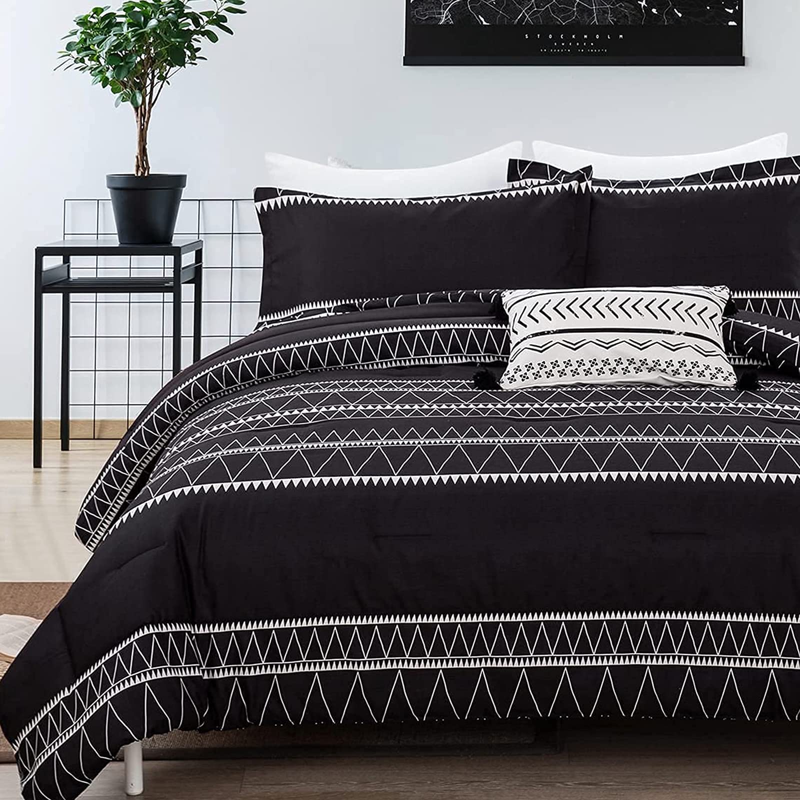WONGS BEDDING Black Comforter Set King Size (104x 90), Reversible Boho Striped Bedding Set for King Bed - 3 Pieces (1 Comforter 