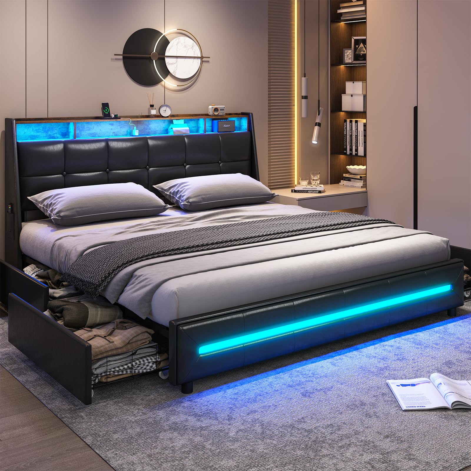 MSmask King Size Bed Frame with 4 Storage Drawers, Charging Station and LED Lights, Upholstered Bed Frame with Button Tufted Win