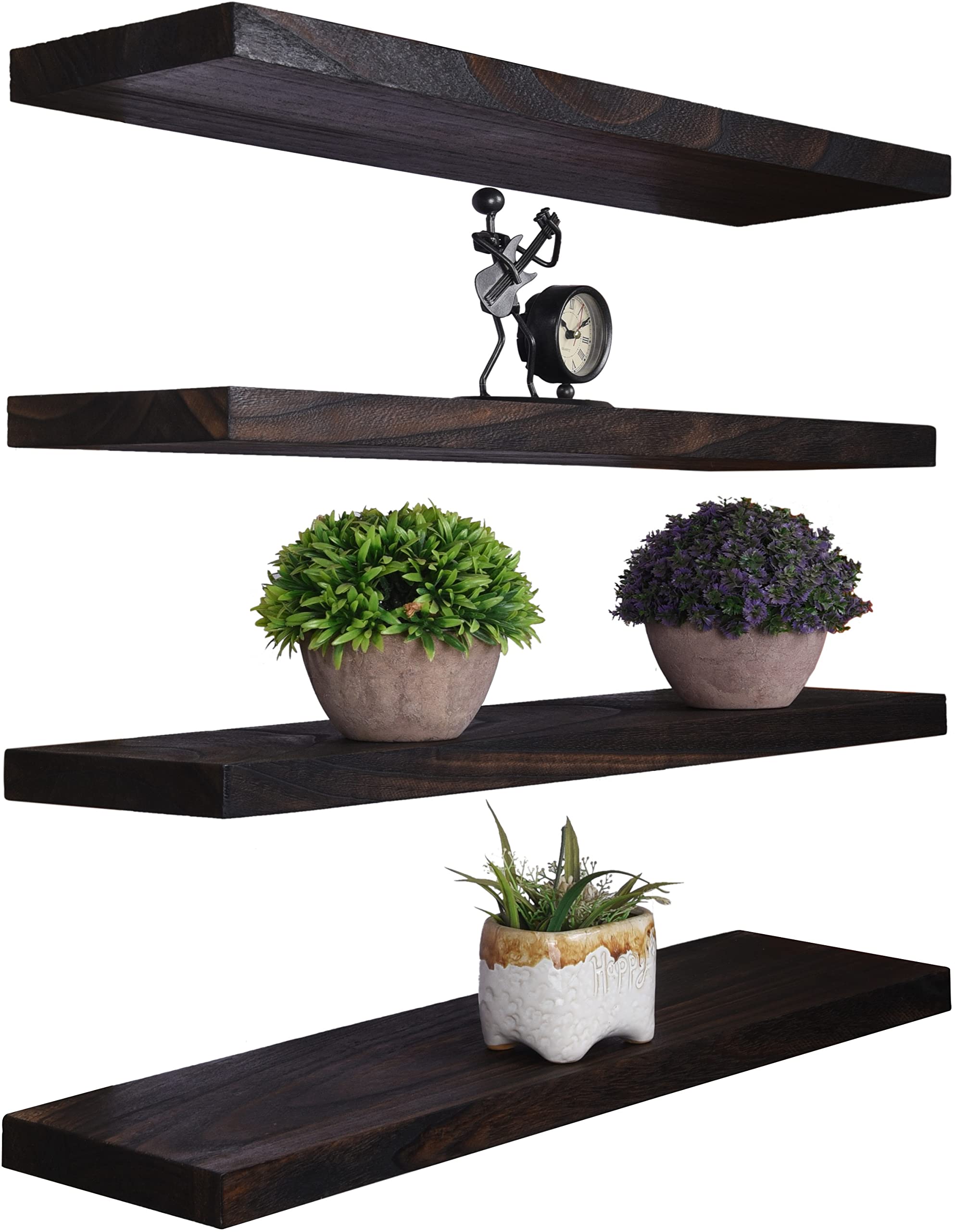 YYWUOJJ Wood Floating Shelves for Wall Decor, Rustic Wall Shelves for Bedroom Bathroom Kitchen Living Room, Set of 4 Walnut 24 I