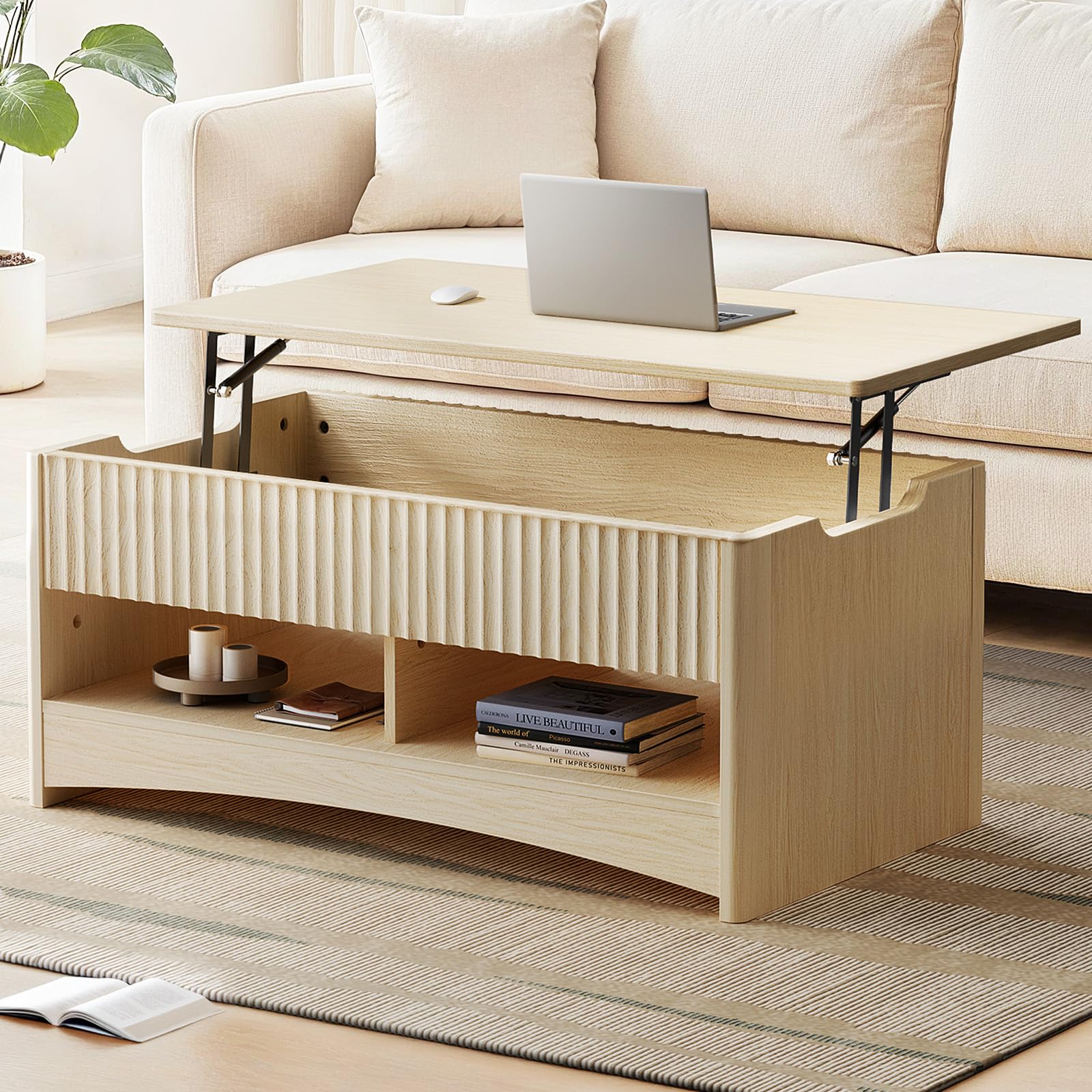 Marsail Lift Top Coffee Table with Open & Hidden Storage, Modern Fluted Coffee Table with Smooth Lift Mechanism, Sturdy Space-Sa