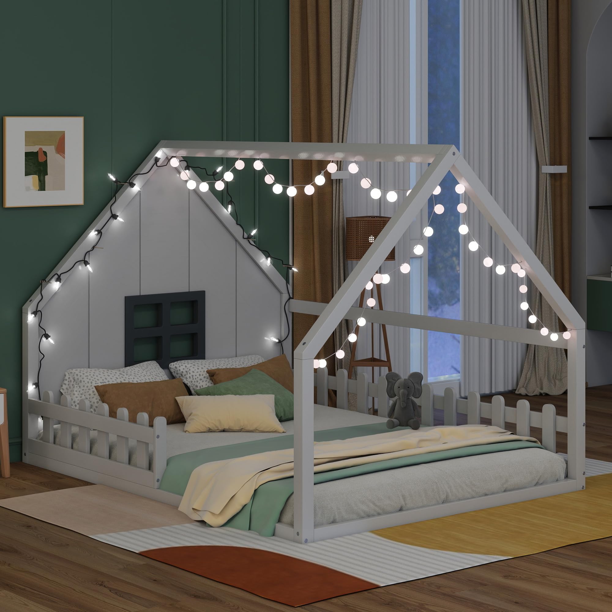 Merax Full Size House Bed for Kids, Wood Montessori Floor Bed with LED Light Toddler Floor Bed with Fence and Window, Toddler Be