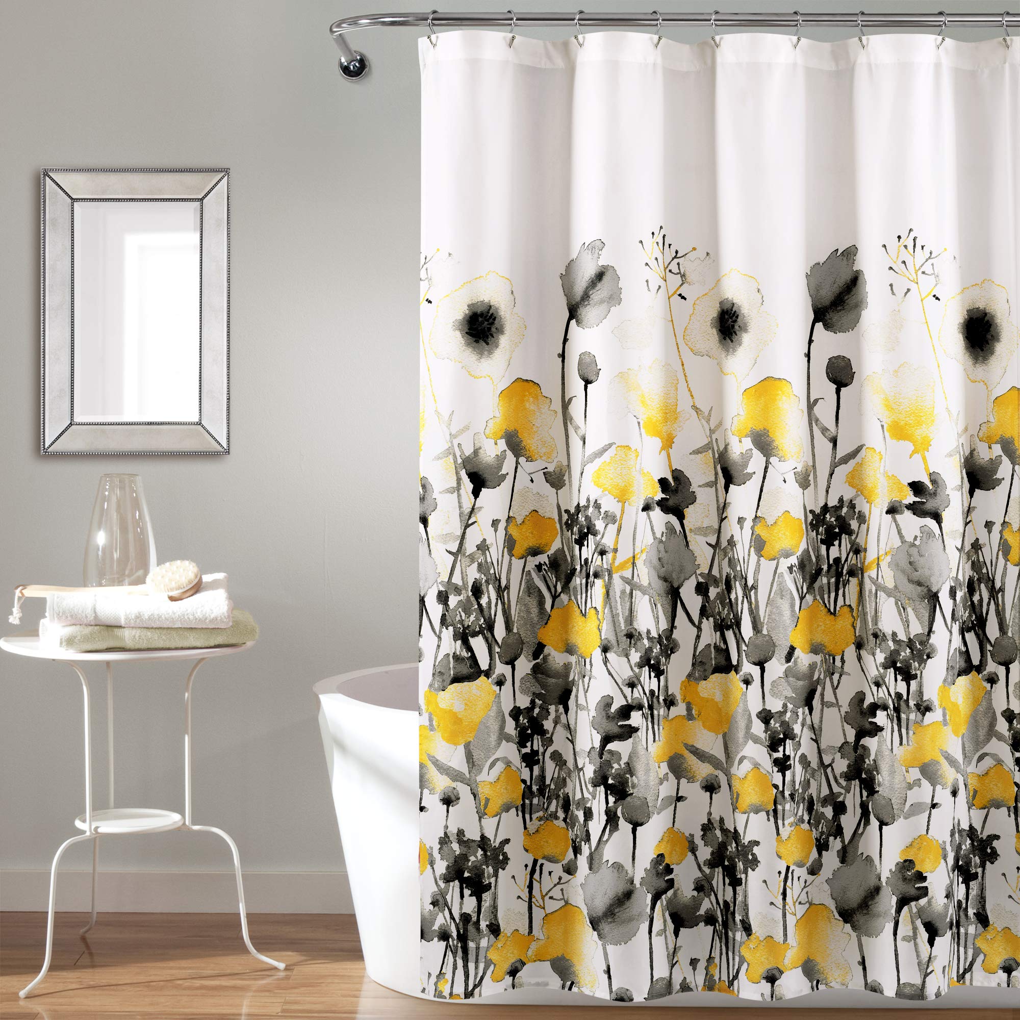 Lush Decor, Yellow and Gray Zuri Flora Shower Curtain-Fabric Watercolor Floral Print Design, 72 x 72, 72 x 72