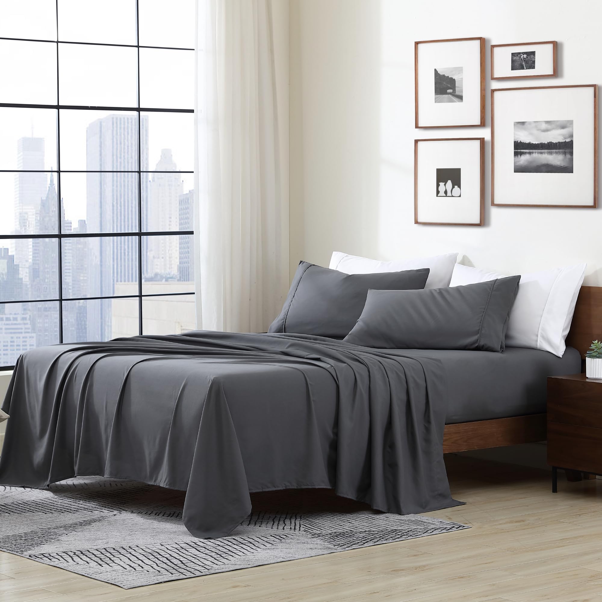 Cathay Home Essentials Ultra Soft Hypoallergenic Wrinkle Resistant Double Brushed Microfiber Bedding Sheet Set, Gray, Twin