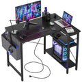 TIQLAB Small Computer Desk with Power Outlets, 40 Inch L Shaped Desk with Reversible Shelves, Gaming Desk Corner Desk Study Writ