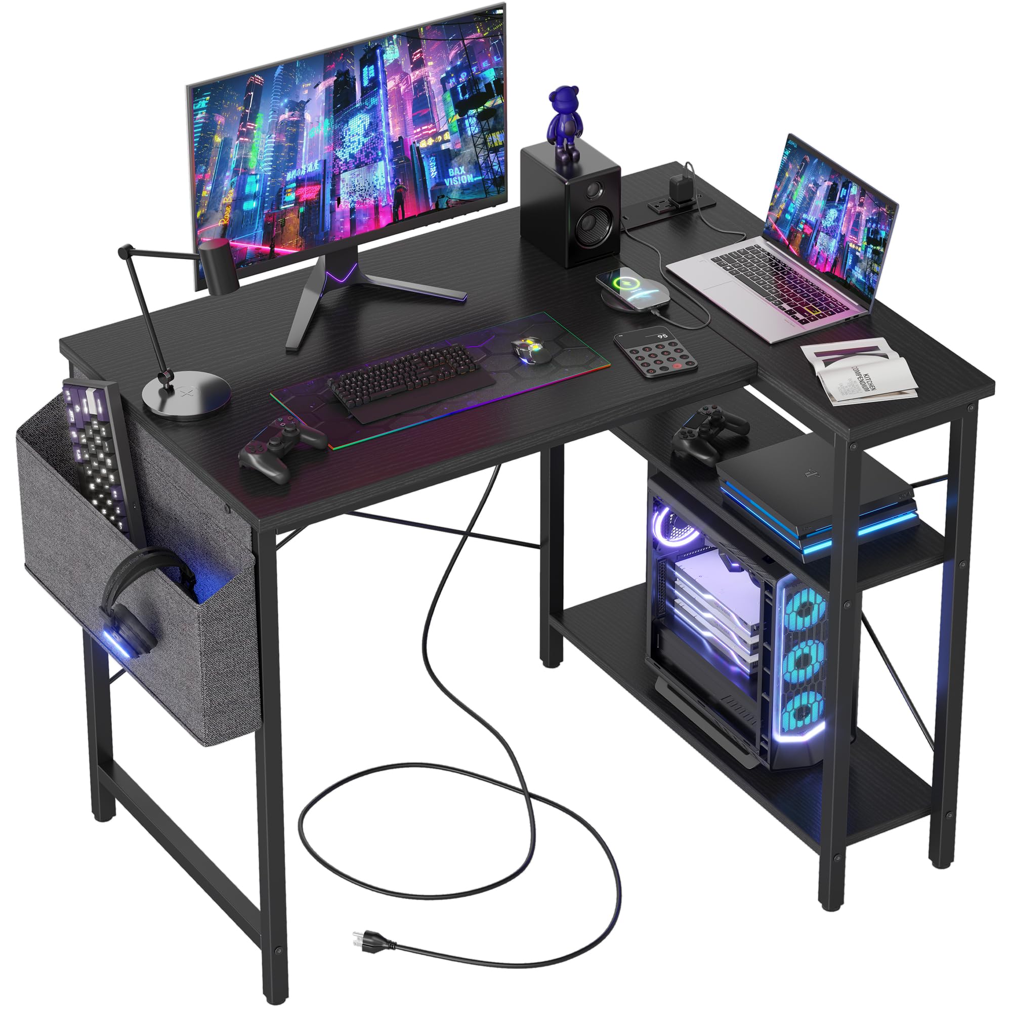 TIQLAB Small Computer Desk with Power Outlets, 40 Inch L Shaped Desk with Reversible Shelves, Gaming Desk Corner Desk Study Writ