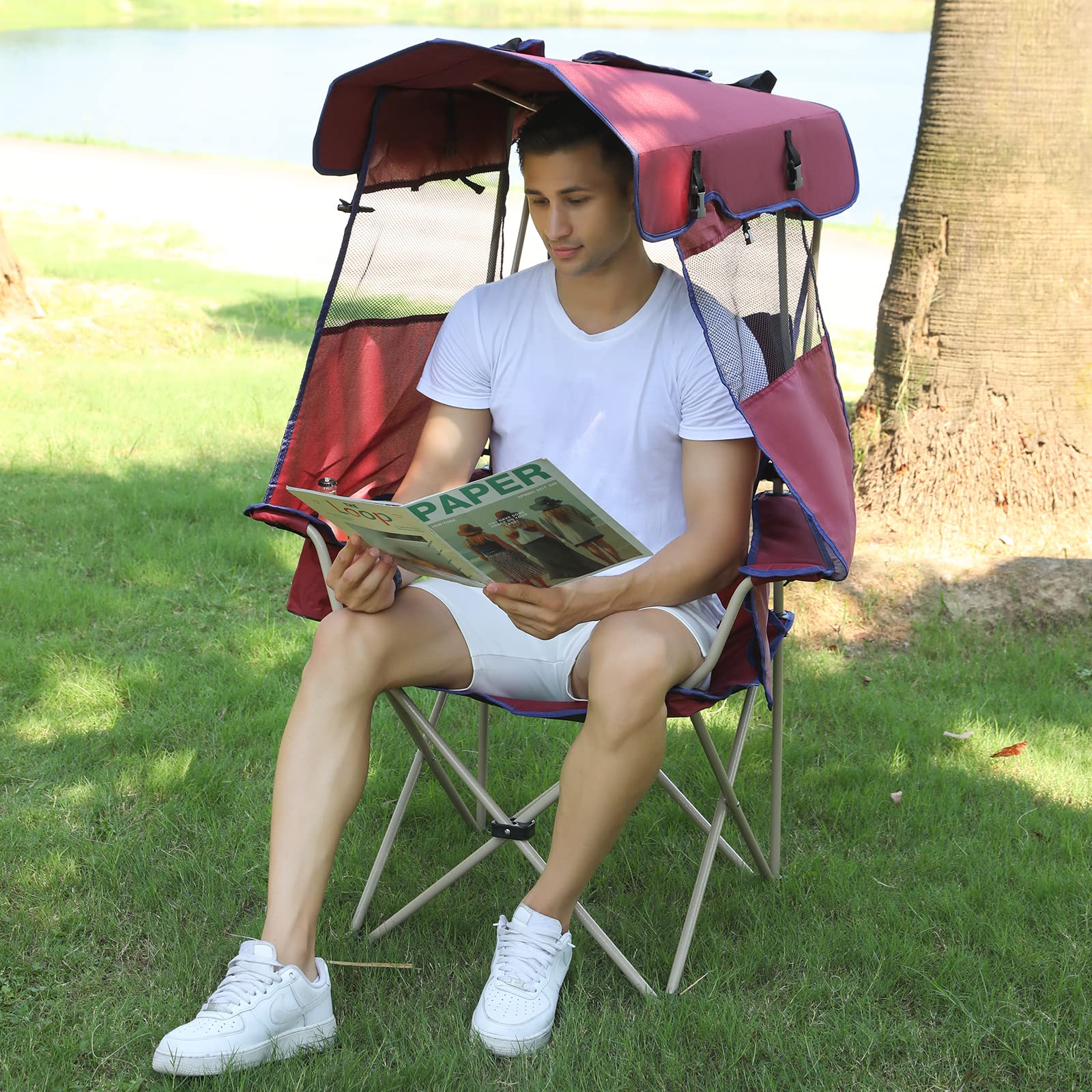 Camping Brothers Beach Chair with Canopy Shade - Outdoor Folding Chair with Full Sun Protection Canopy - Ideal for Camping, Lawn