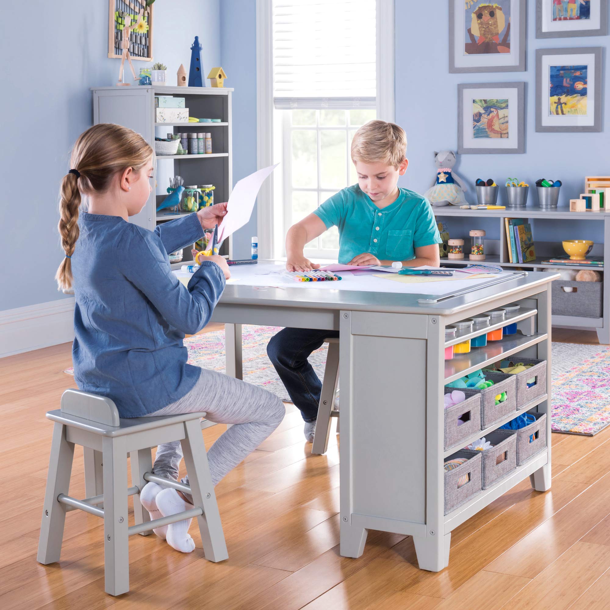 Martha Stewart Kids Art Table and Chairs Set - Gray: Wooden Kids Play Table for Arts and Crafts | Coloring Desk for Kids with S