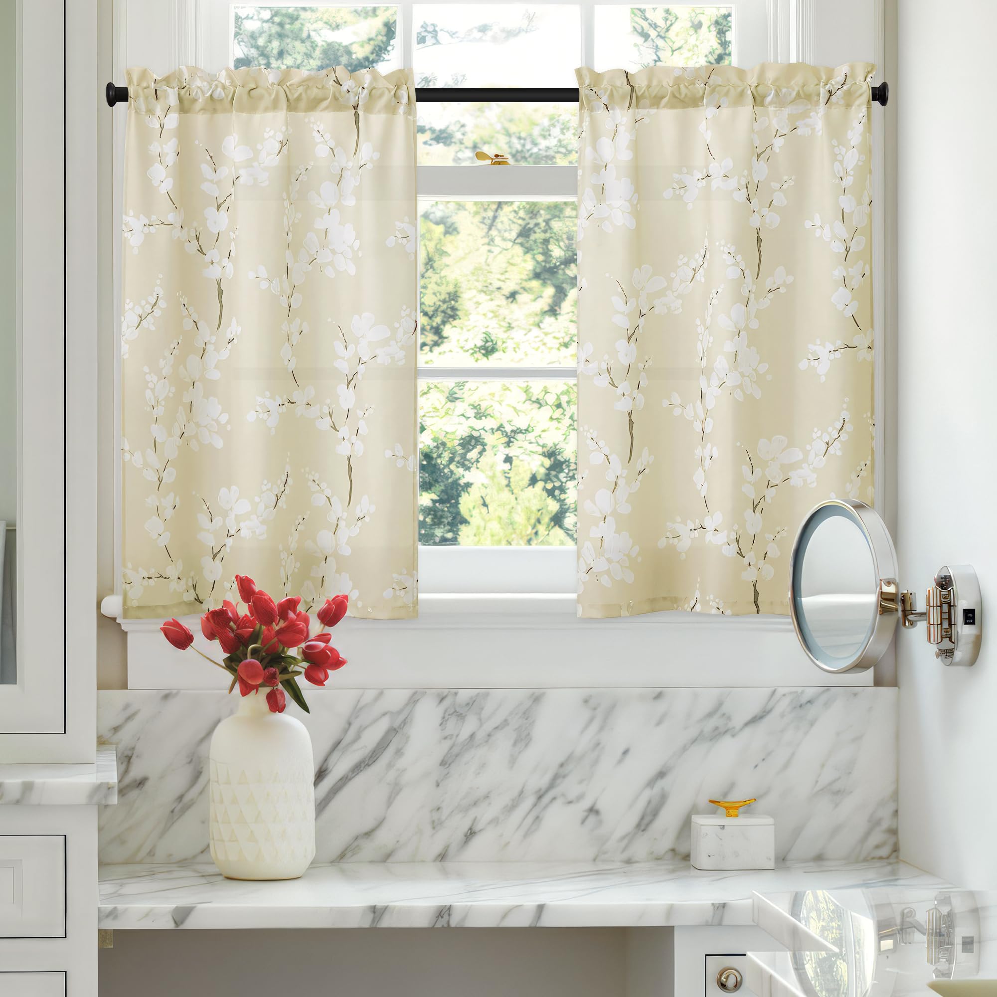 FMFUNCTEX Beige Kitchen Curtains 36 Inch Length White Blossom Floral Print on Canvas Tier Curtains for Small Windows Basement Ba