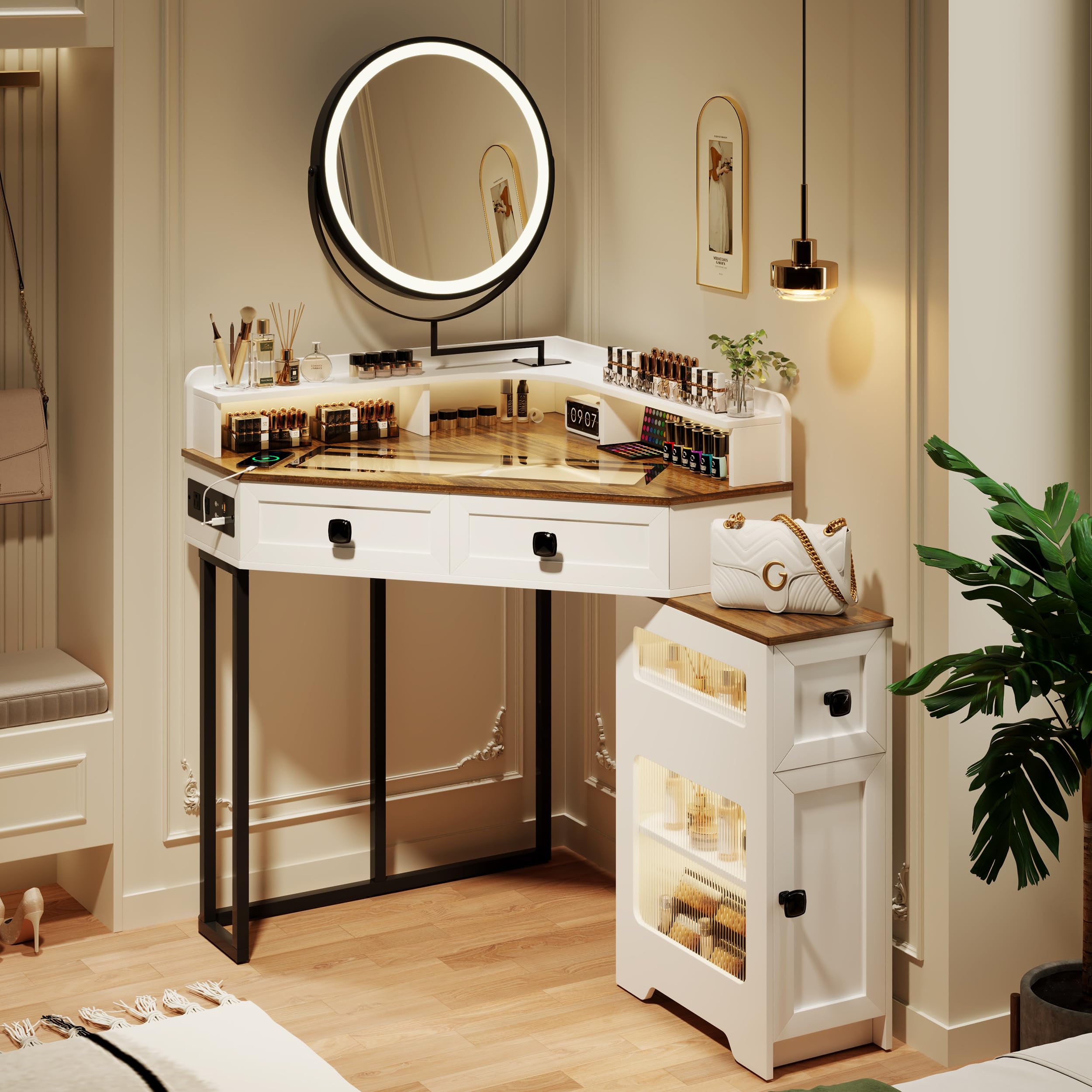 FREDEES Corner Vanity with Mirror and Lights,Modern Makeup Vanity Set with Charging Station for Bedroom/Cloakroom,Glass Top Vani