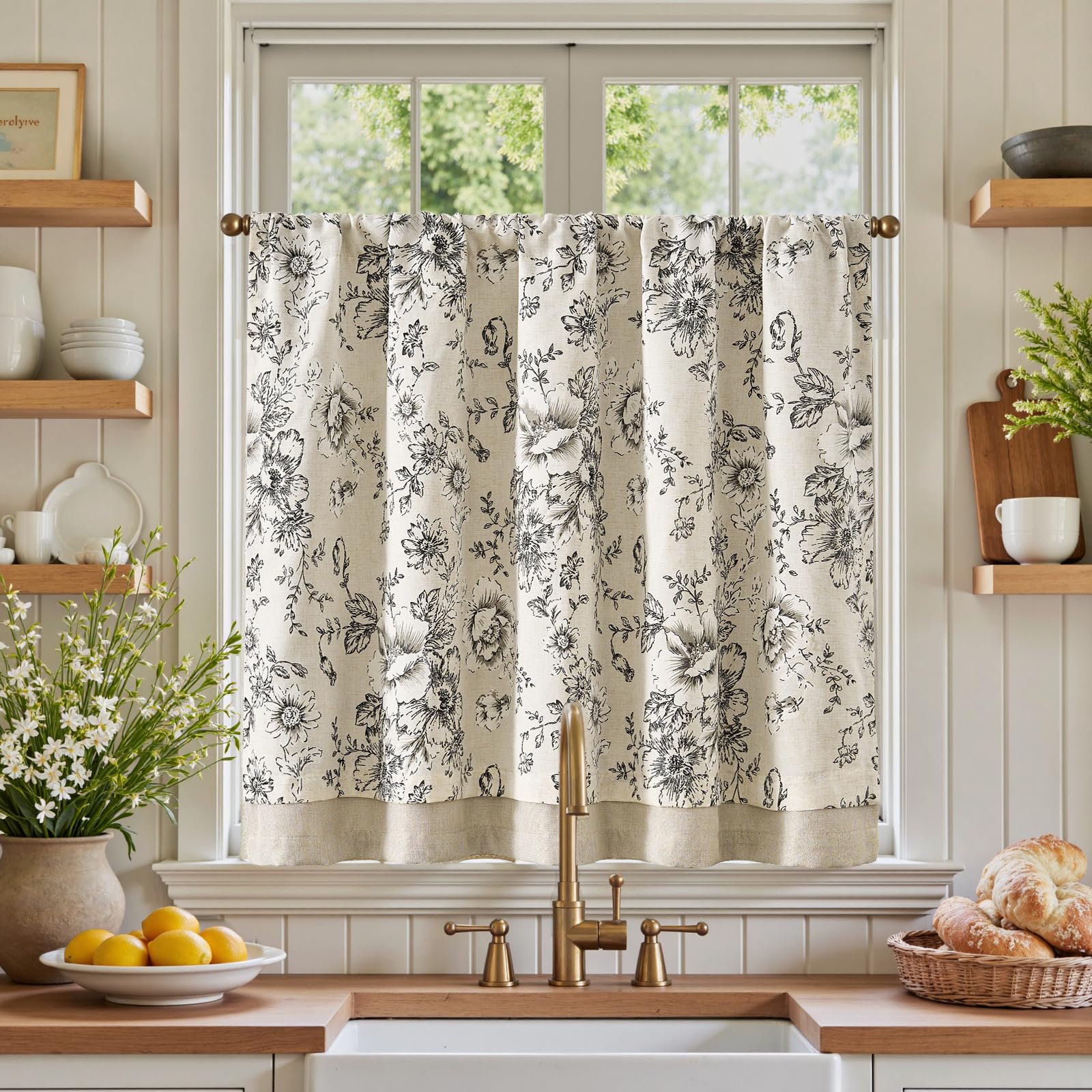 jinchan Linen Kitchen Curtain 36 Inch French Floral Double Layer Curtain Farmhouse Vintage Tier Drape Rustic Half Window Curtain