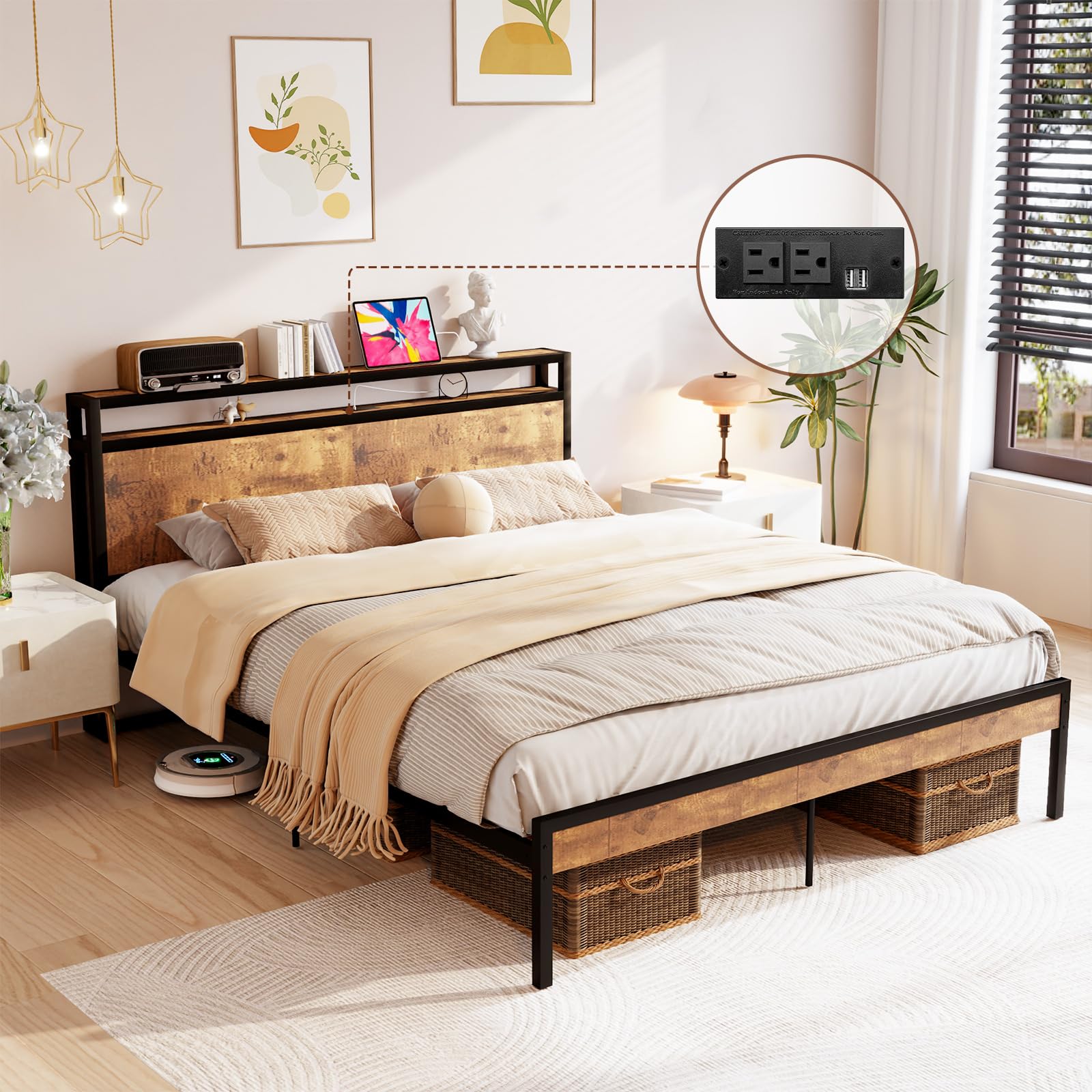 Kiivakii Bed Frame Queen Size with Charging Headboard, Heavy Duty Platform Bed for Bedroom Farmhouse, Noise-Free, No Box Spring 
