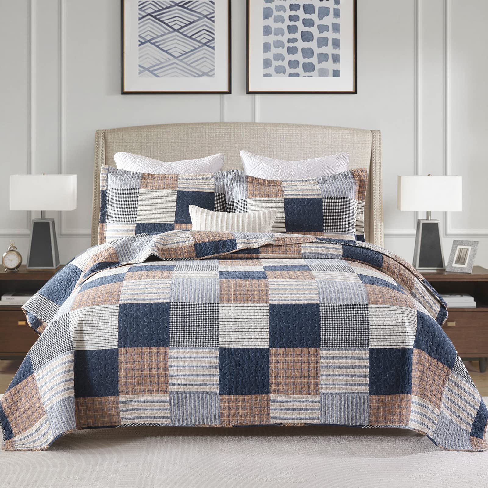 PANGUSHAN 100% Cotton Quilt Set King Size, Patchwork Plaid King Quilt Bedding Set Bedspreads, Farmhouse Lightweight Comforter Re