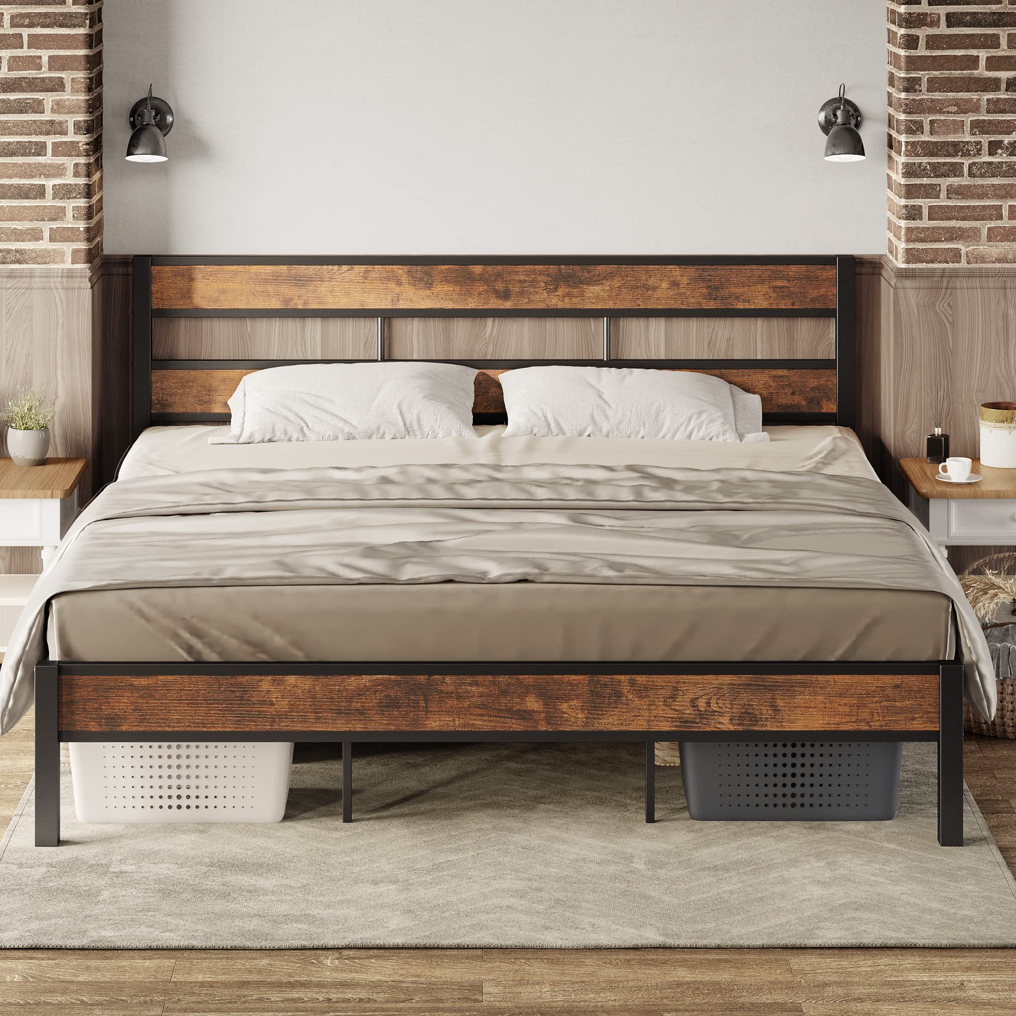 LIKIMIO King Bed Frame and Headboard, Easy Assembly, Noise-Free, No Box Spring Needed, Heavy Strong Metal Support Frames, Vintag