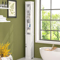 VECELO Tall Narrow Storage Cabinet with Adjustable Shelves, Slim Freestanding Bathroom Cabinet with Toilet Paper Holder, Magneti