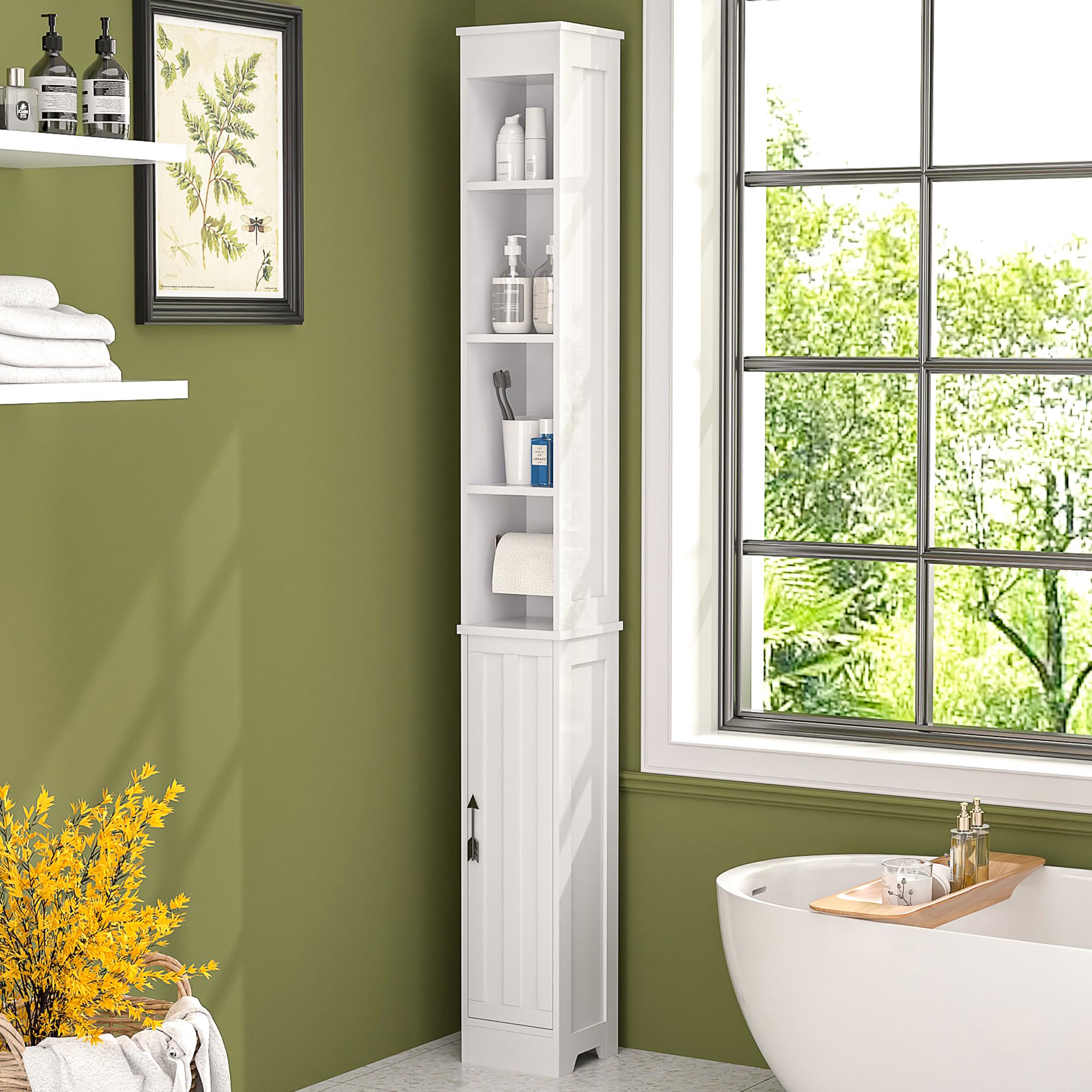 VECELO Tall Narrow Storage Cabinet with Adjustable Shelves, Slim Freestanding Bathroom Cabinet with Toilet Paper Holder, Magneti