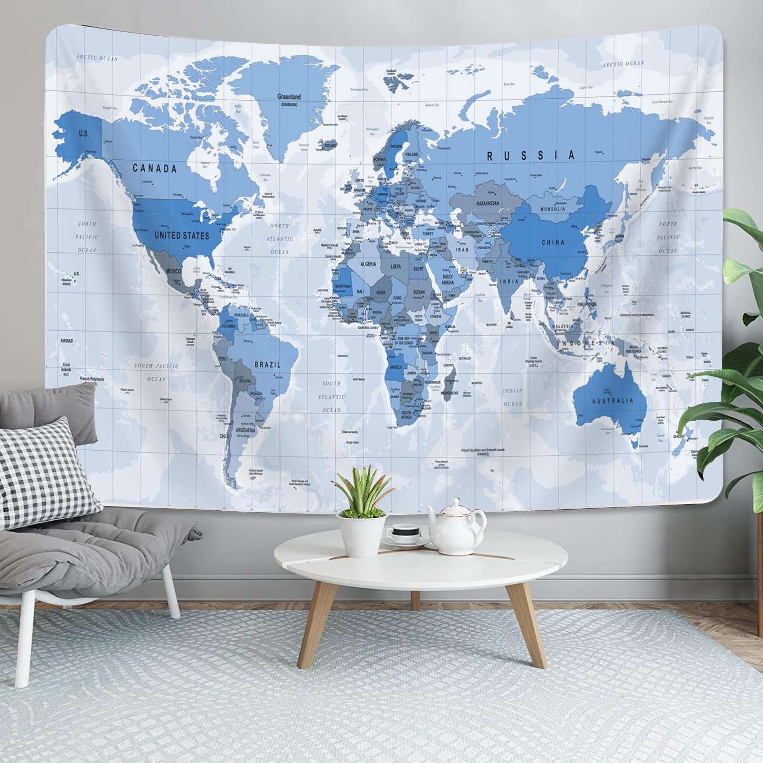 Old World Map Blue Tapestry, Map of World Tapestry Wall Hanging for Kids Students, Vintage Asia Europe America Africa Japan Wall