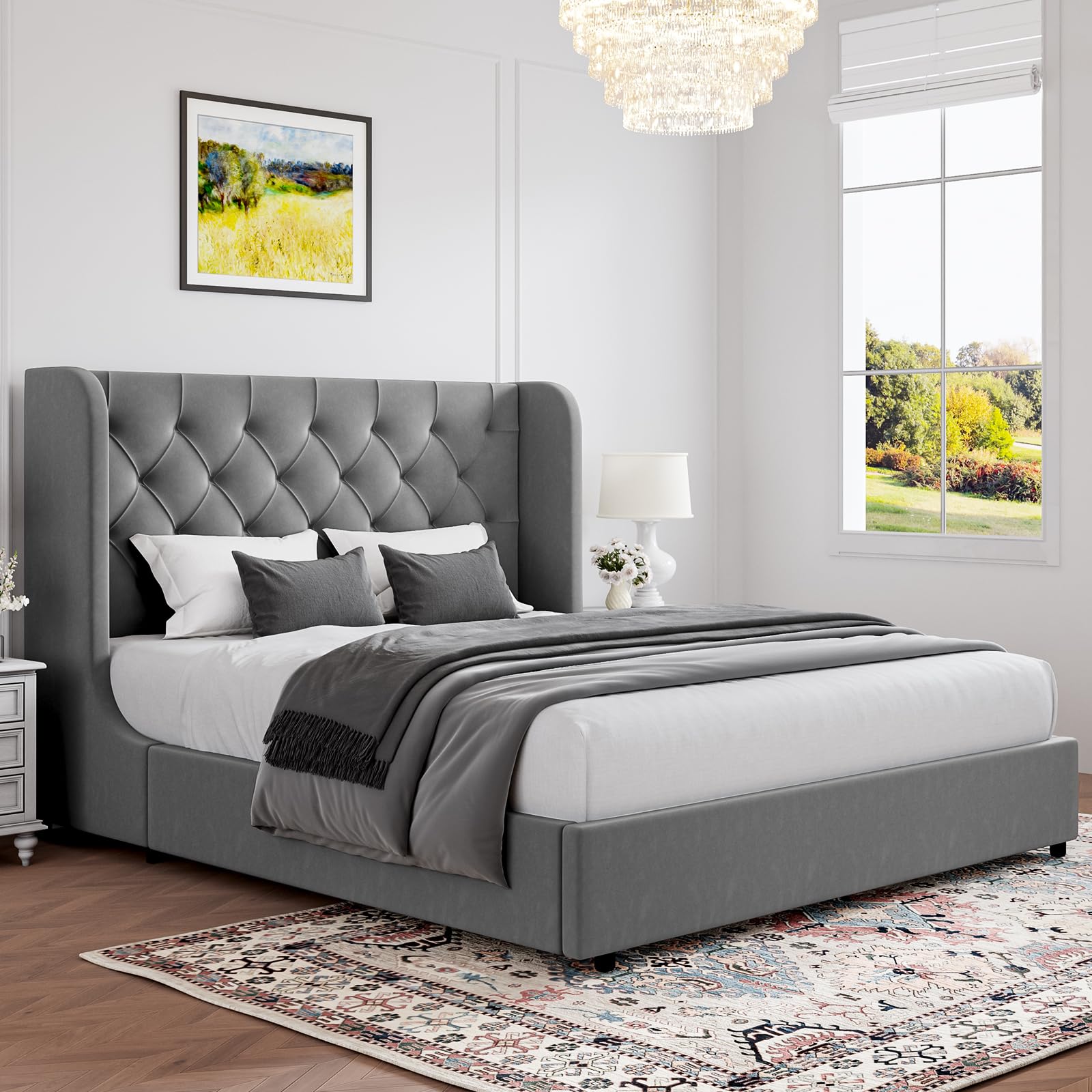 HOMBCK Full Size Bed Frame, Grey Upholstered Platform Bed Frame with Headboard, Velvet Tufted, Curved Wingback Design, Wooden Sl