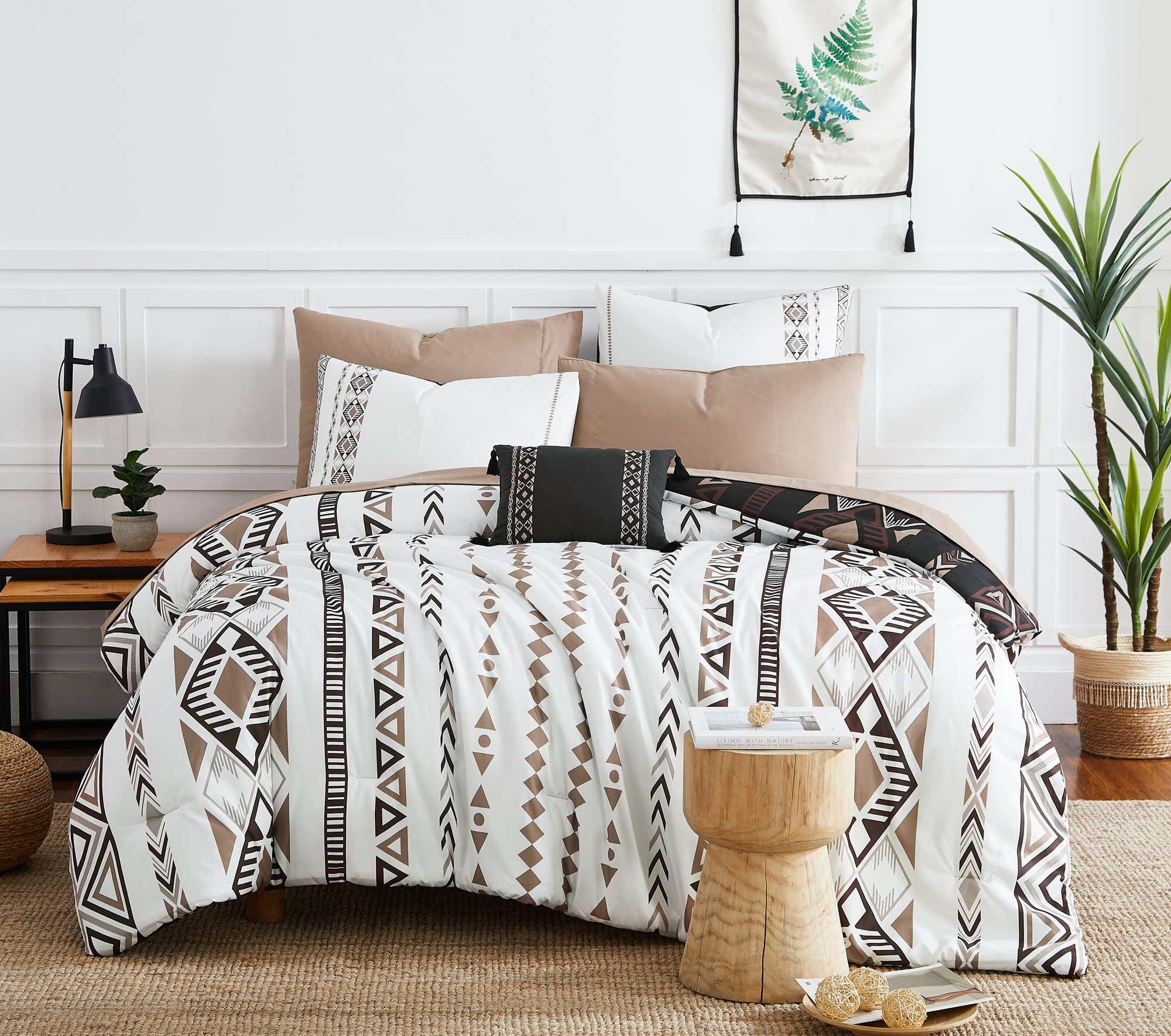 Geniospin Queen Comforter Set, Boho Aztec Comforter Set 8 Pieces, All Season Reversible Bed in A Bag, Soft Microfiber Fill Beddi