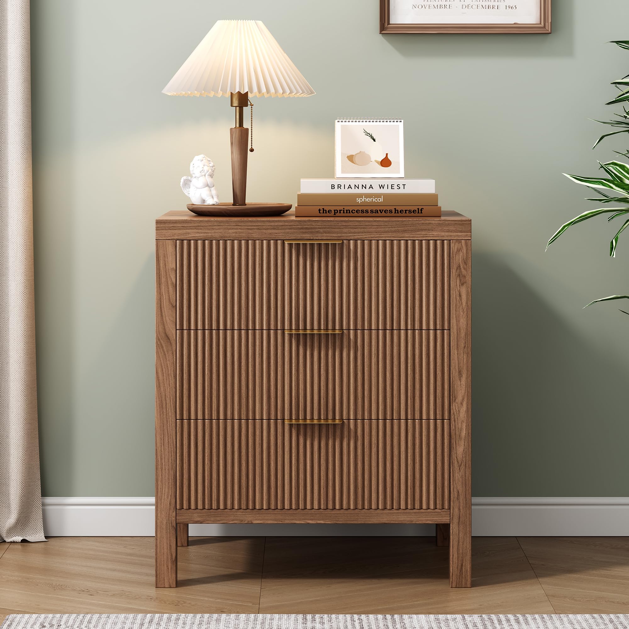 MJADUE End Table with Storage, Wooden Farmhouse Nightstands with 3 Drawers, Bedside Table - Boho Tall Side Table Accent for Bedr