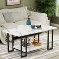 AWQM Marble Coffee Table, Faux Marble Top Rectangular Coffee Table with Black Metal Frame, 2 Tier Living Room Table for Living R
