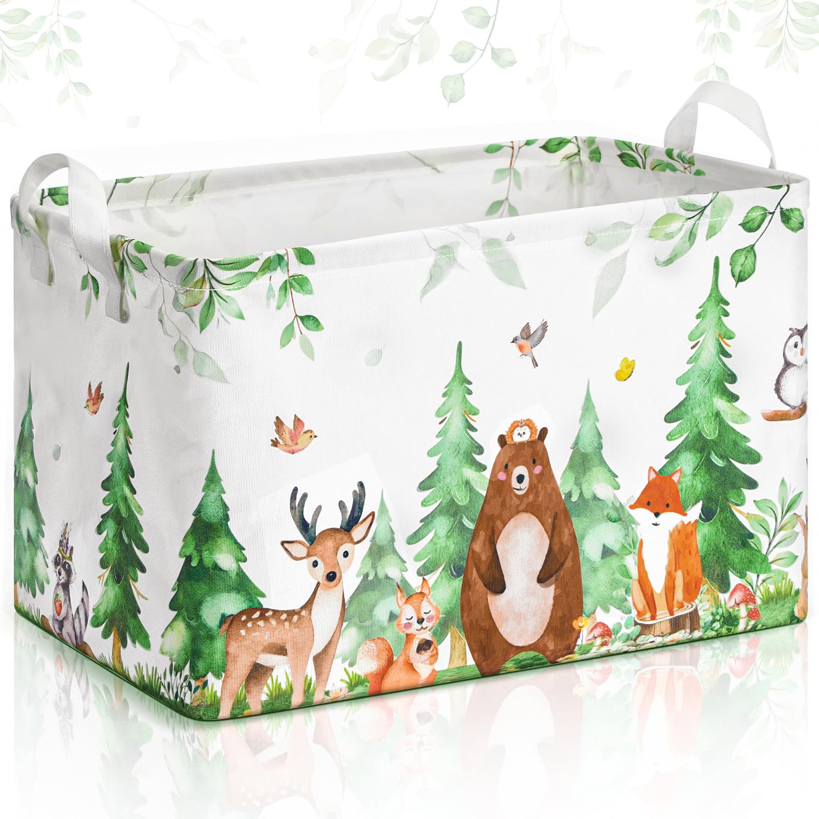 Buryeah Woodland Animals Gift Storage Basket, Bear Fox Deer Collapsible Rectangular Storage Bin with Handles Clothes Doll Books 