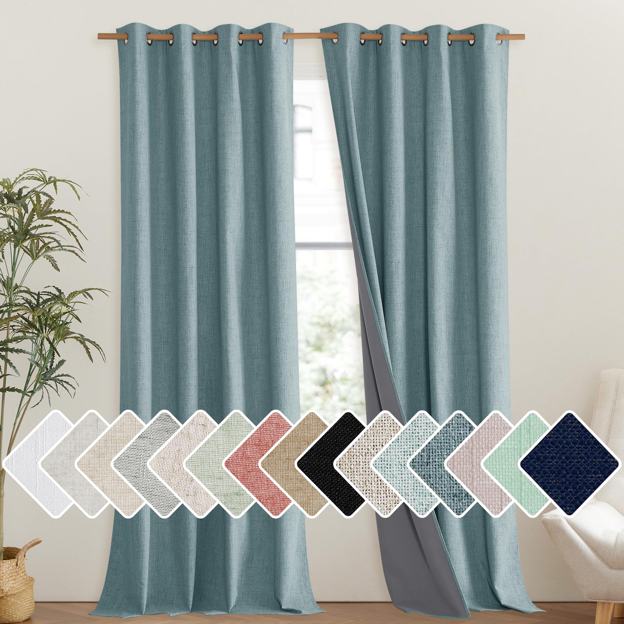 NICETOWN 100% Absolutely Blackout Linen Curtains with Thermal Insulated Liner, Skylark Blue, 52 Wide, 102 Length Energy Saving C