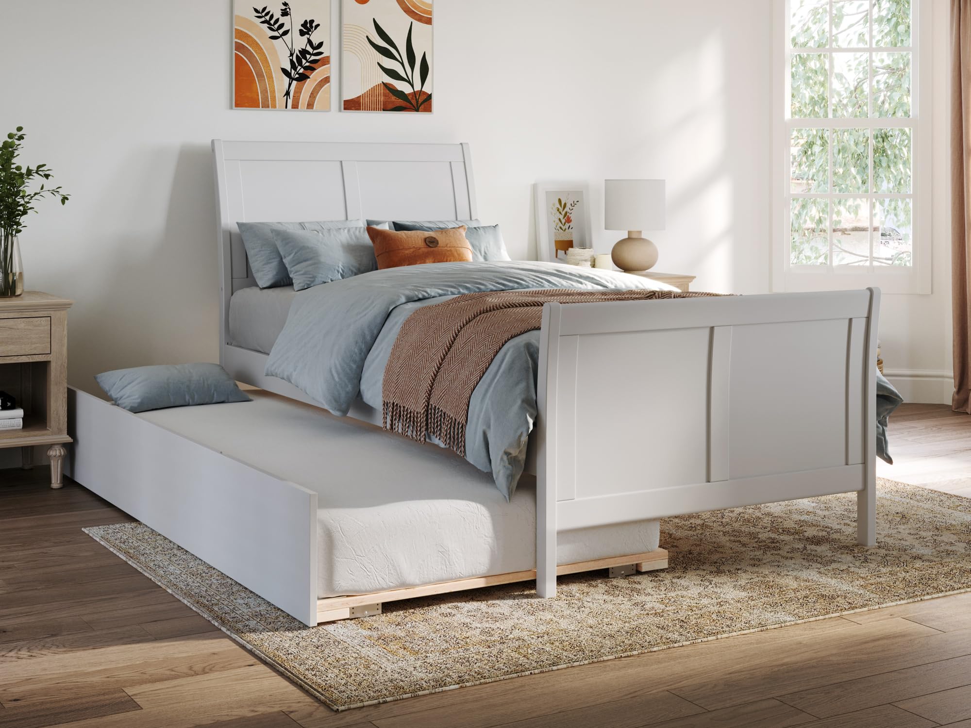 AFI Portland Twin XL Size Platform Bed with Matching Footboard & Twin XL Trundle in White