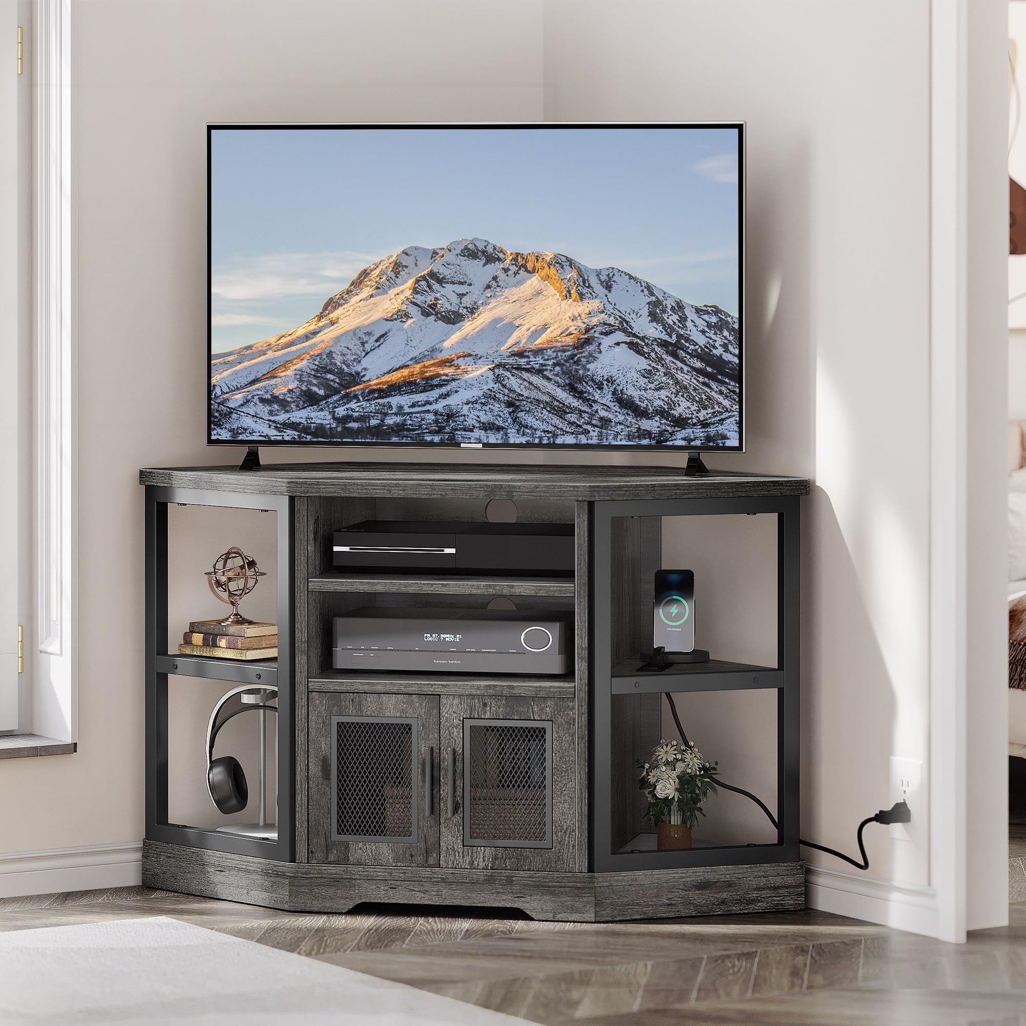 YITAHOME Farmhouse TV Stand with Power Outlet, Corner TV Stand for 55/50 Inch TV, Entertainment Center with Storage, TV Console 