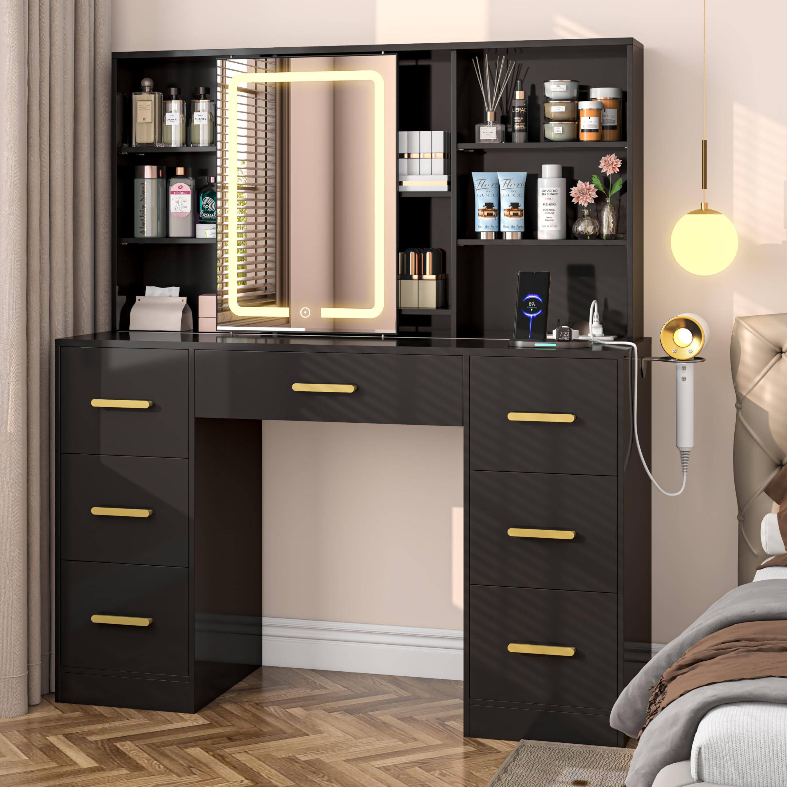 47   W Large Vanity Desk with Mirror and Lights, 8 Storage Shelves 7 Drawers Vanity Table, Big Makeup Vanity Desk with 3 Light