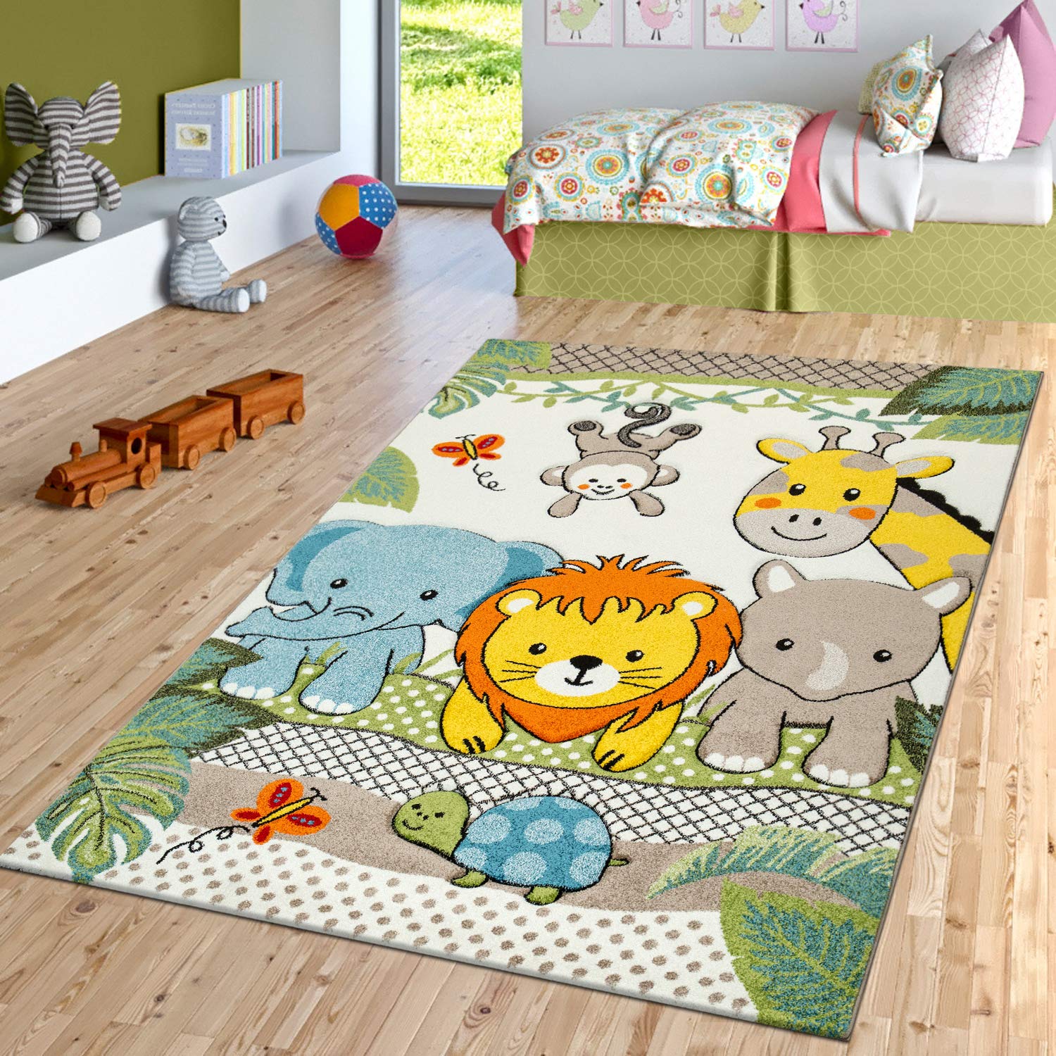 Paco Home Kids Room Rug Cute Zoo Animals Jungle Lion and Elephants in 3D Effect Colorful, Size: 311 Round