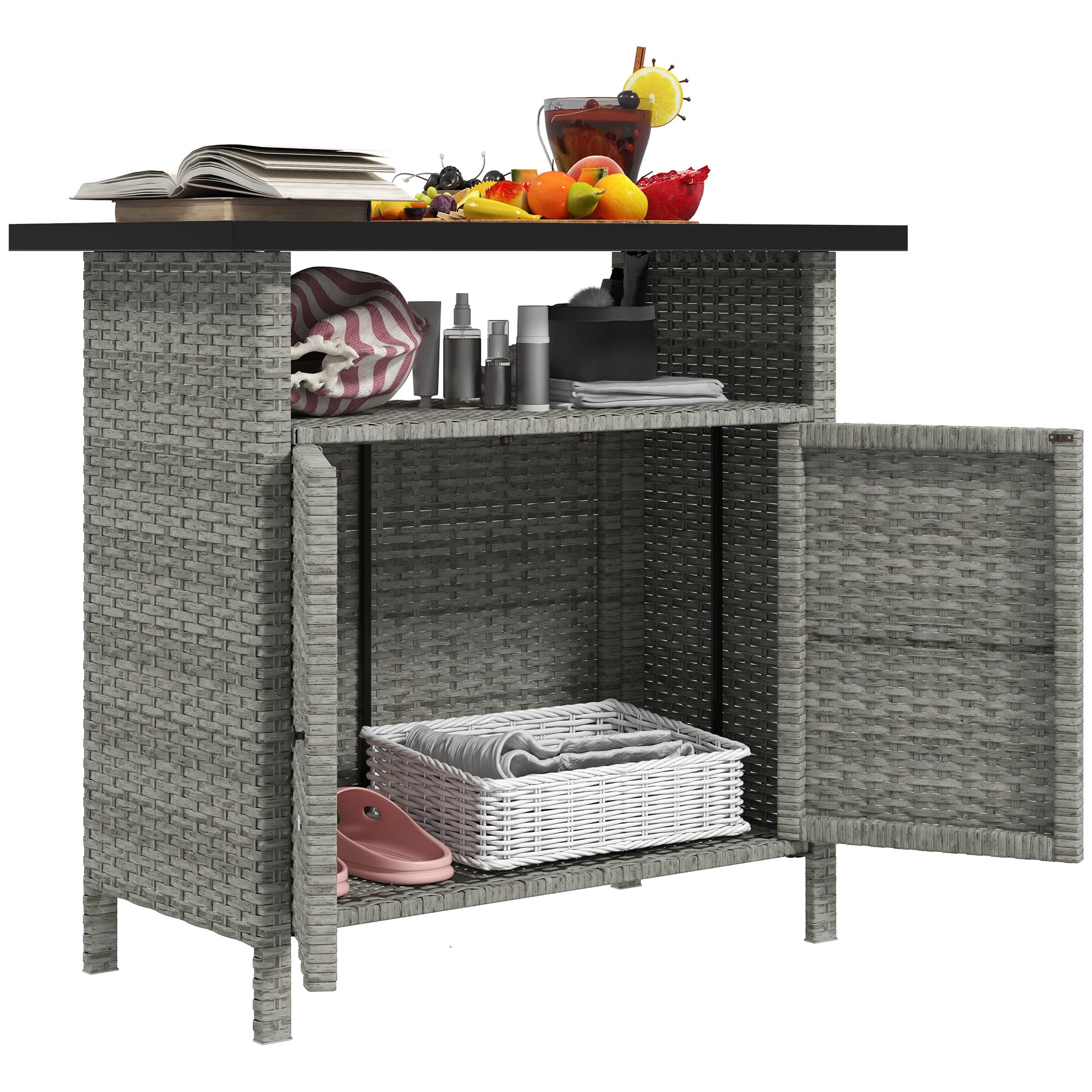 Outsunny Wicker Outdoor Storage Cabinet, Rattan Outdoor Bar Table with 2 Doors and Shelf, Outdoor Buffet Cabinet Sideboard with 