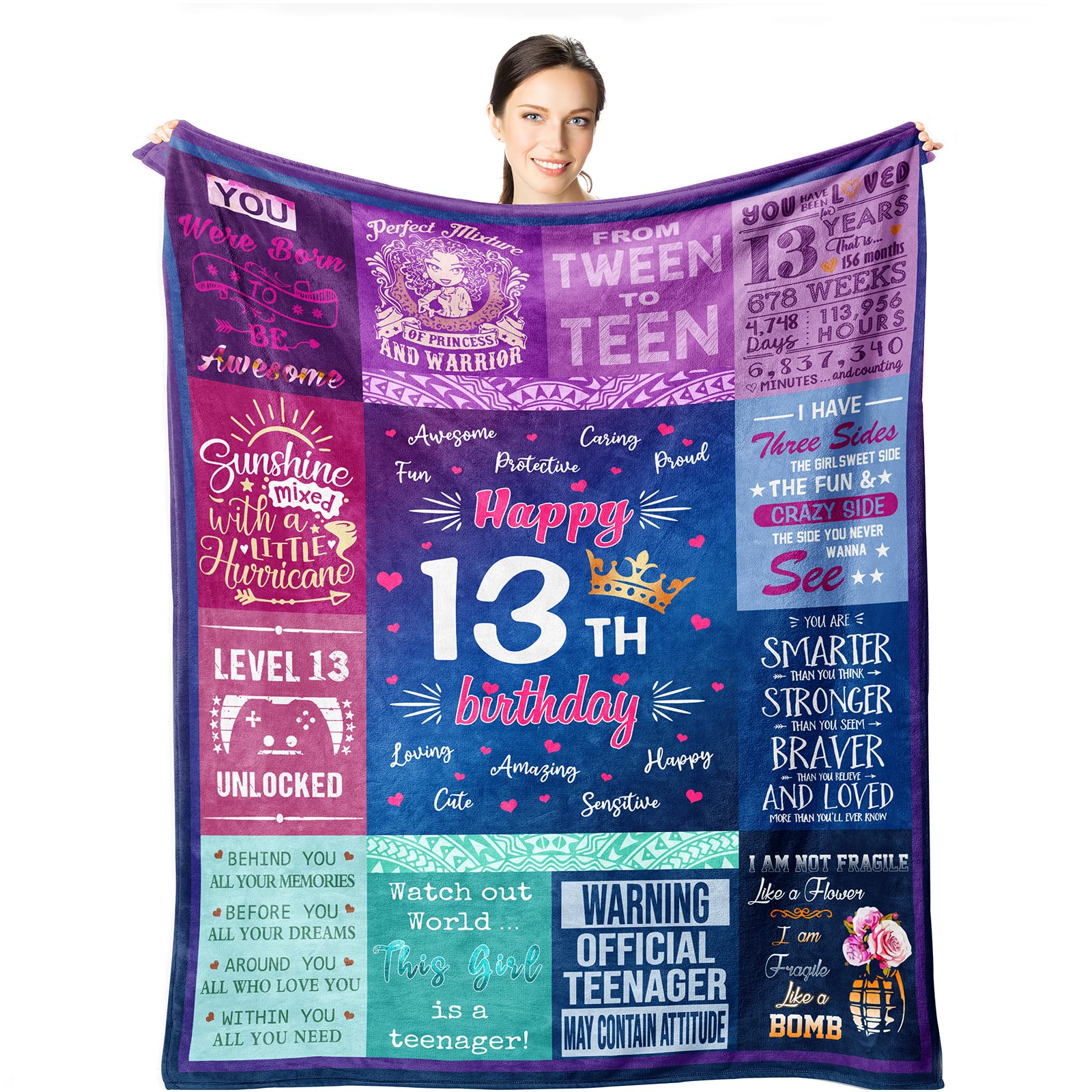 Wisegem 13th Birthday Gifts for Girls - 13 Year Old Girls Gifts 60x50 Blanket - Best Presents for 13 Year Old Girl - Happy 13th 