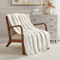 BOURINA Fluffy Chenille Knitted Fringe Throw Blanket Lightweight Soft Cozy for Bed Sofa Chair Throw Blankets, Off White 50 x 60