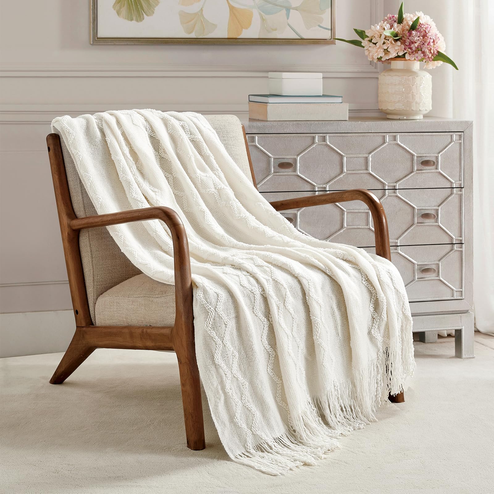 BOURINA Fluffy Chenille Knitted Fringe Throw Blanket Lightweight Soft Cozy for Bed Sofa Chair Throw Blankets, Off White 50 x 60