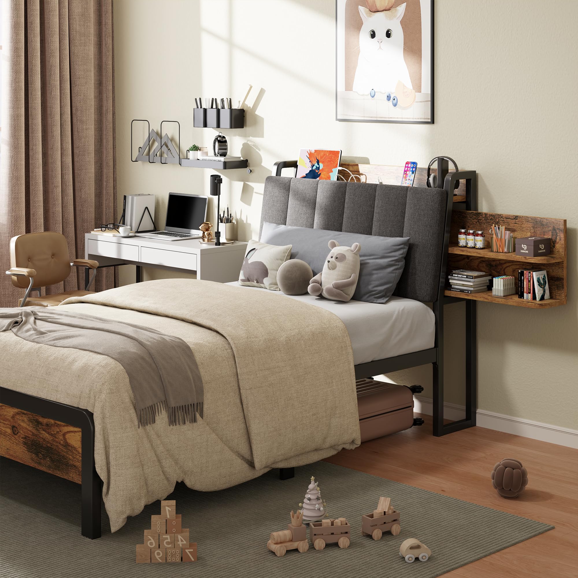 Feonase Twin Bed Frame, 14.5 Inch Metal Platform Bed with 1 Hidden Storage Shelf, Ergonomic Upholstered Headboard with Outlets, 