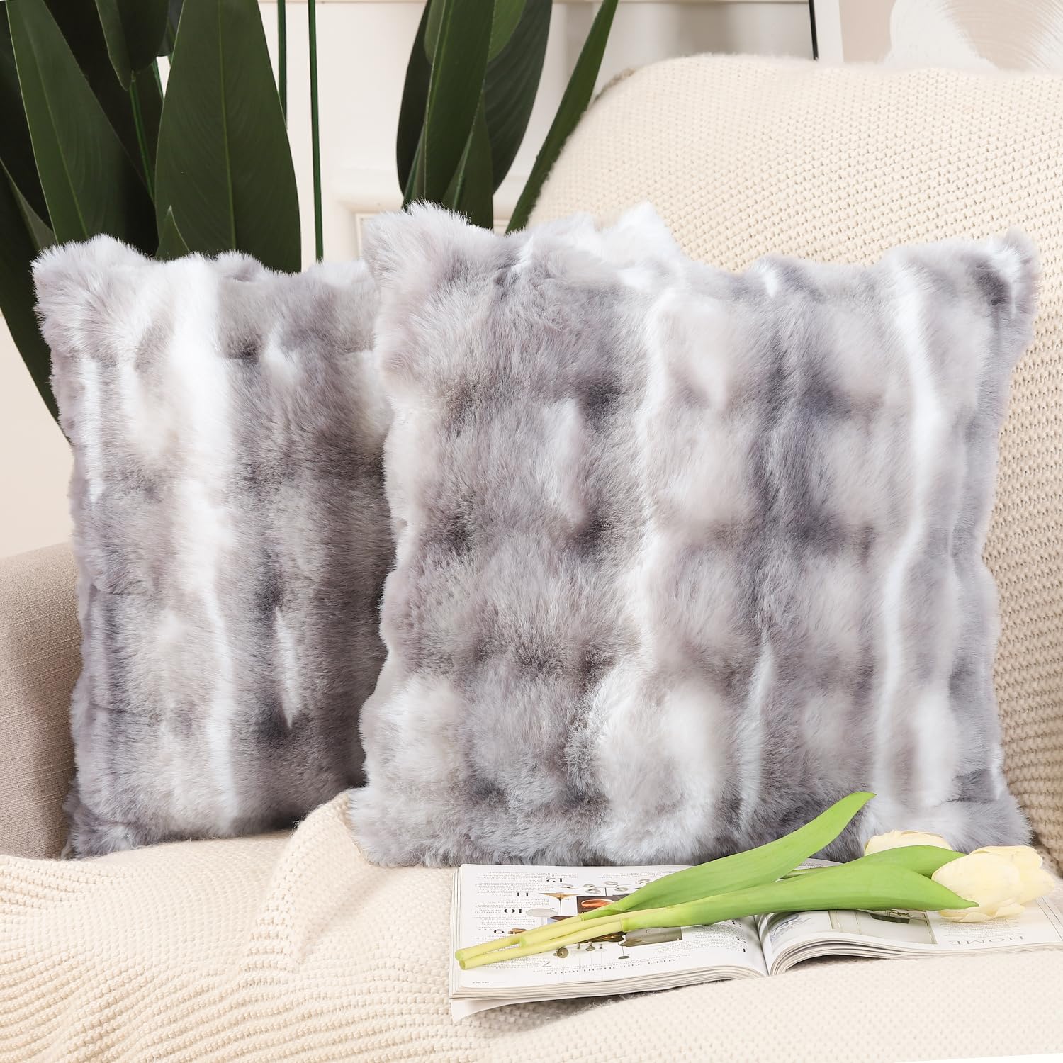 MADIZZ Pack of 2 Thick Plush Wool Throw Pillow Covers 18x18 Inch White Grey Soft Decorative Cushion Cover for Sofa Bedroom Pillo