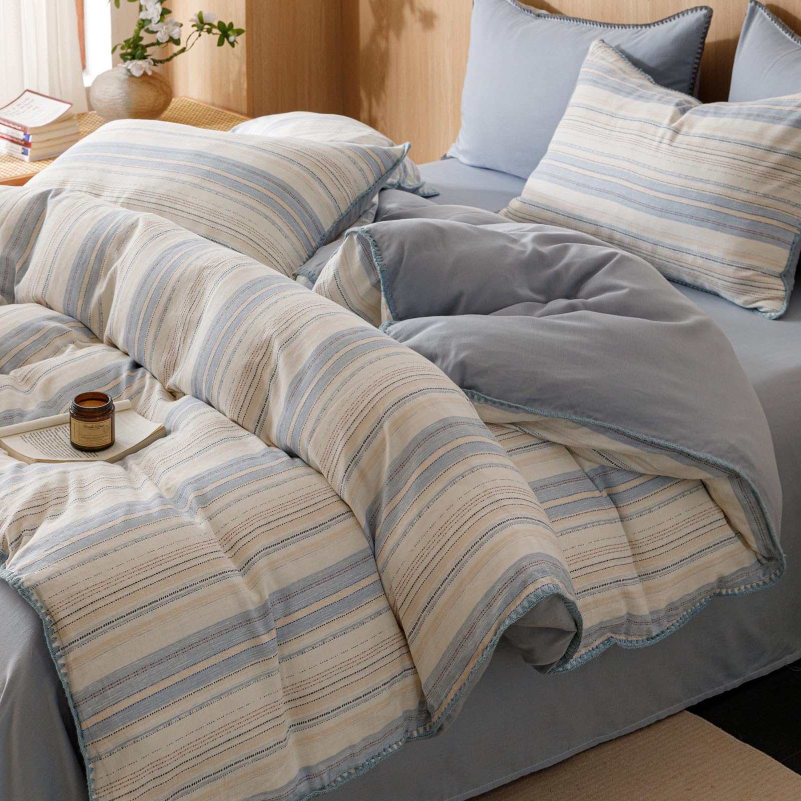 VM VOUGEMARKET Pinstripes Duvet Cover Set Queen 3 Pieces Muslin Cotton Bedding Set with Zipper Closure,Blue White Stripes Duvet 