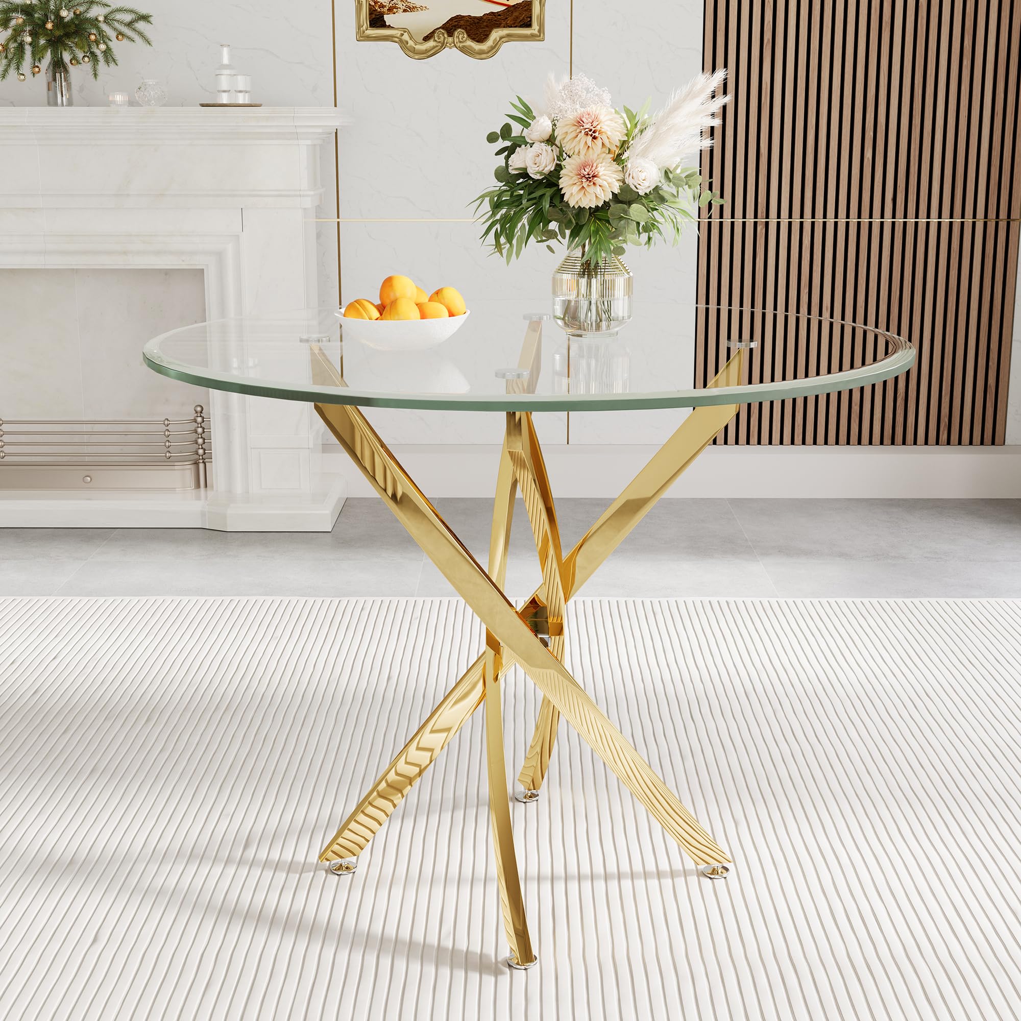 AF ARTISAN FURNITURE 36  Round Glass Dining Table for 4, Stainless Steel Legs & Tempered Glass Top, Modern Circle Leisure Table 