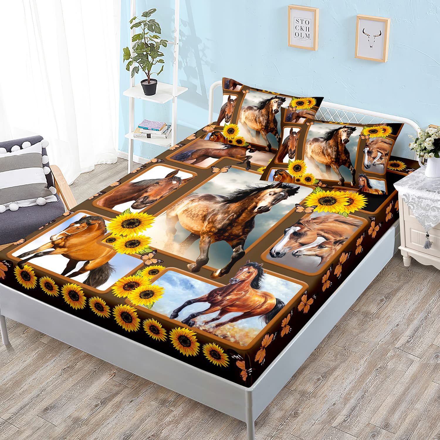 HOSIMA Horse Fitted Sheet&Pillowcases,Animal Themed Galloping Horse and Sunflower Floral Bedding,3D Printed Soft Decorative Fabr